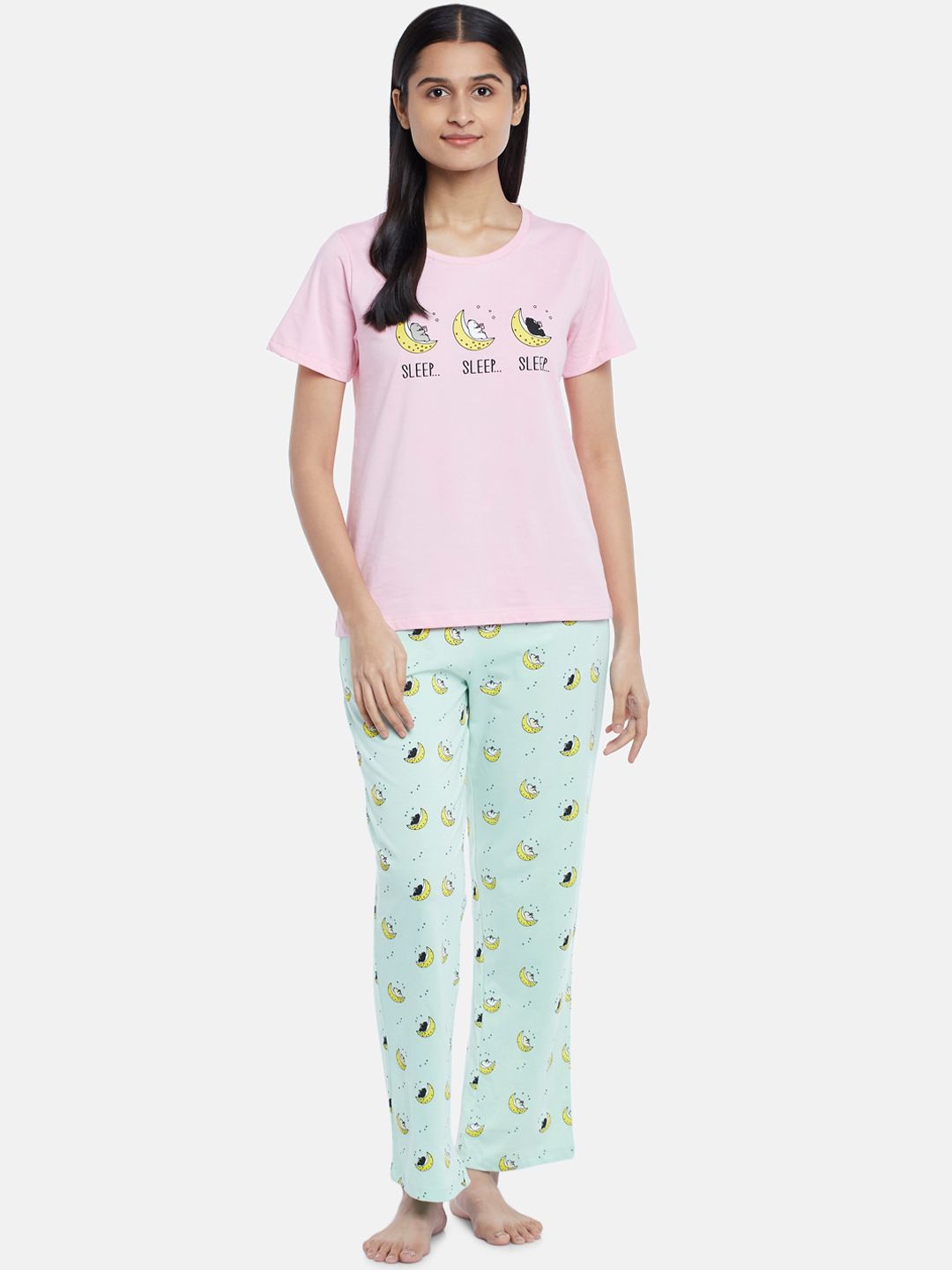 Dreamz by Pantaloons Women Green & Pink Printed Pure Cotton Night suit Price in India