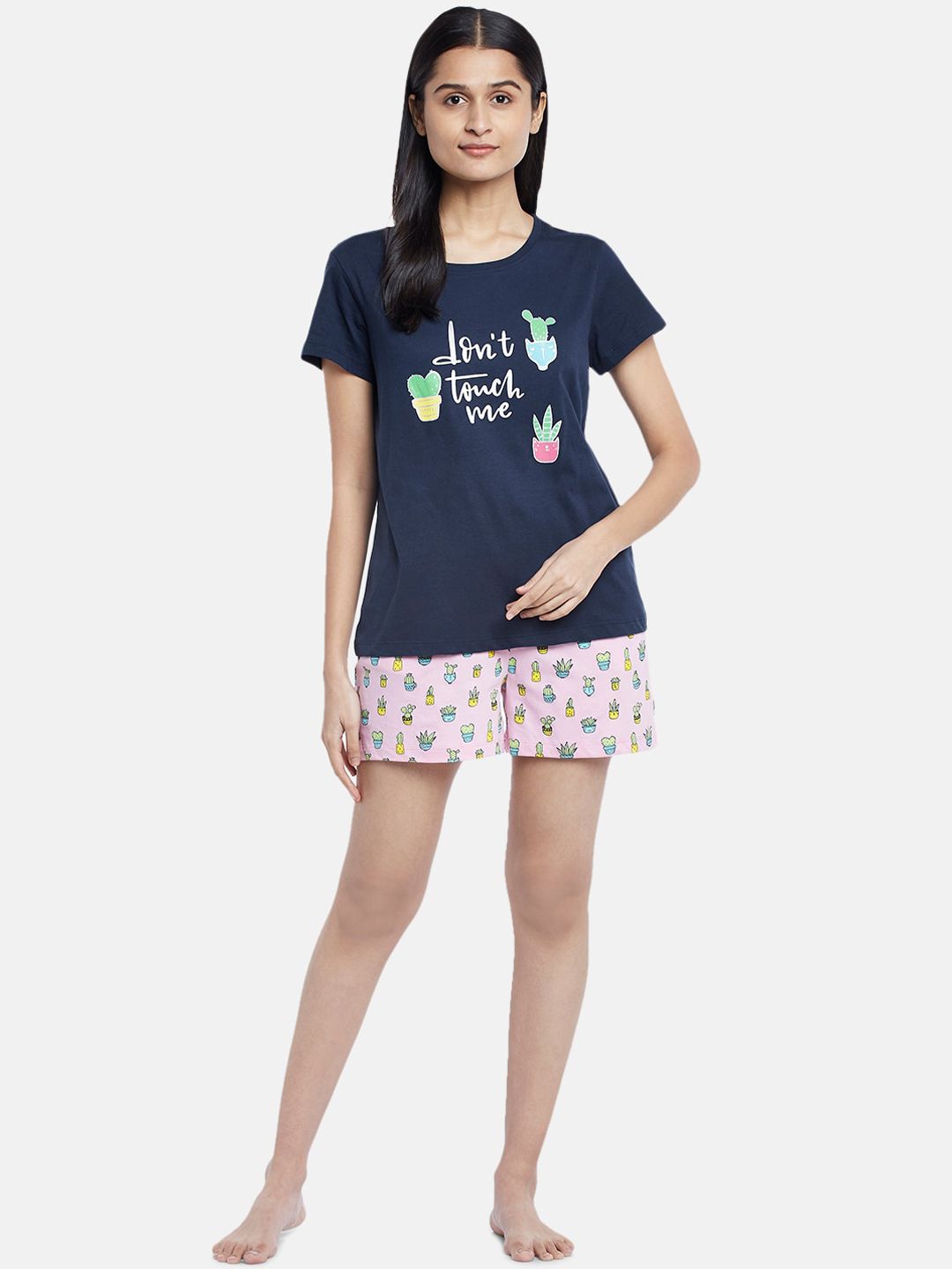 Dreamz by Pantaloons Women Navy Blue & Pink Printed Cotton Night suit Price in India