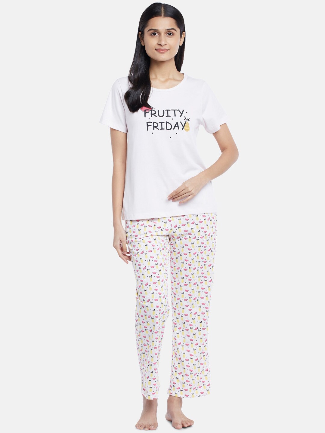 Dreamz by Pantaloons Women White & Pink Printed Night suit Price in India