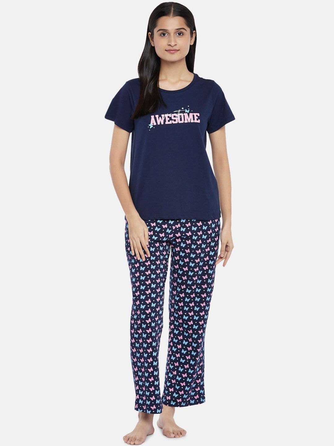 Dreamz by Pantaloons Women Navy Blue & Pink Printed Pure Cotton Night suit Price in India