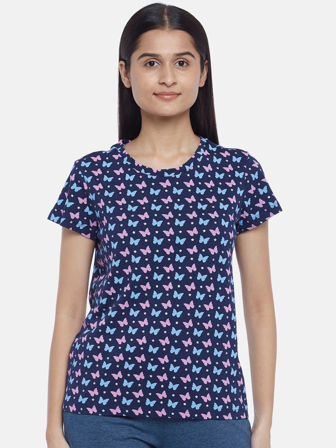 Dreamz by Pantaloons Women Navy Blue & Pink Print Pure Cotton Lounge T-shirt Price in India