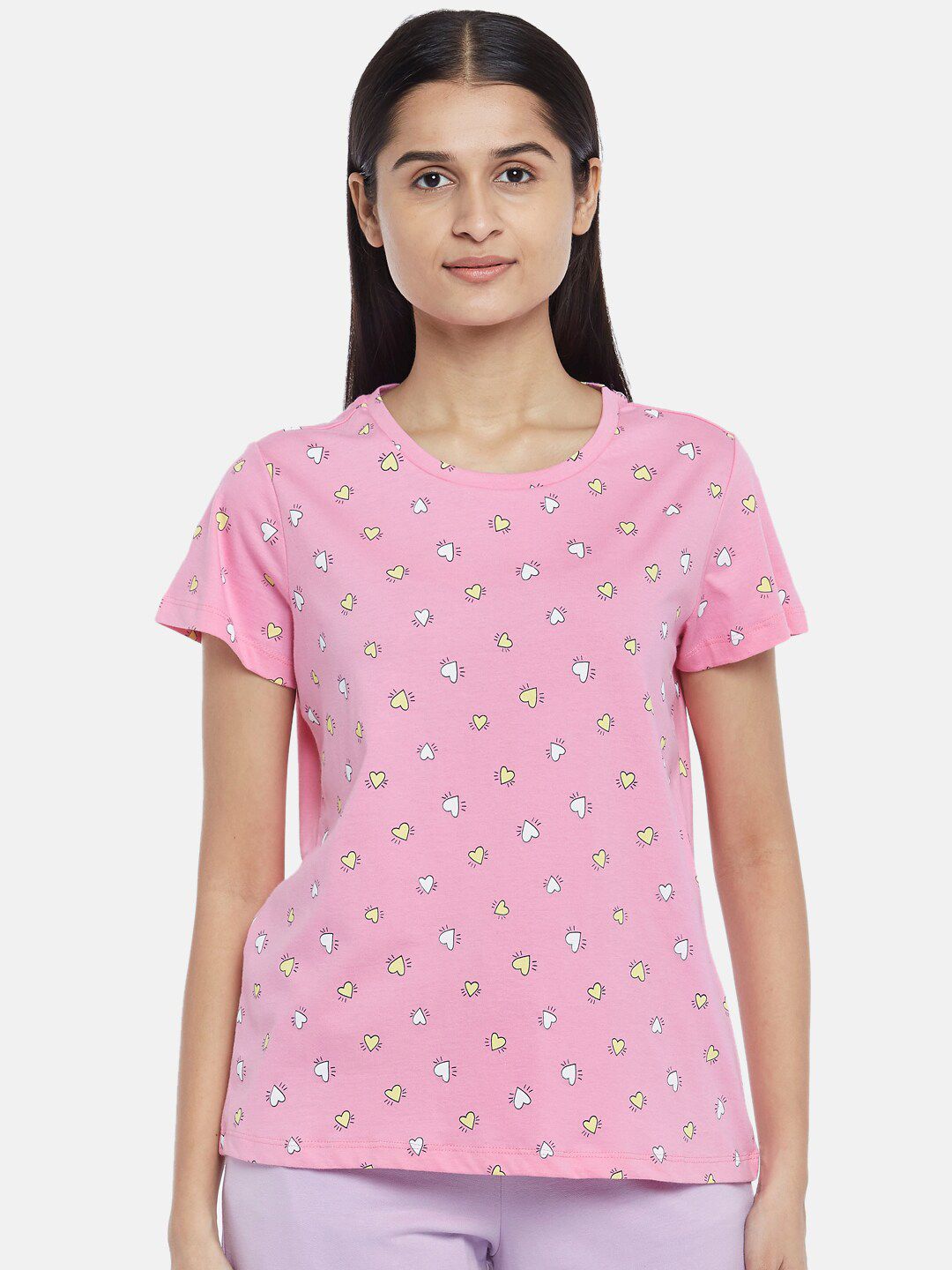 Dreamz by Pantaloons Women Pink & White Printed Pure Cotton Lounge T-shirt Price in India