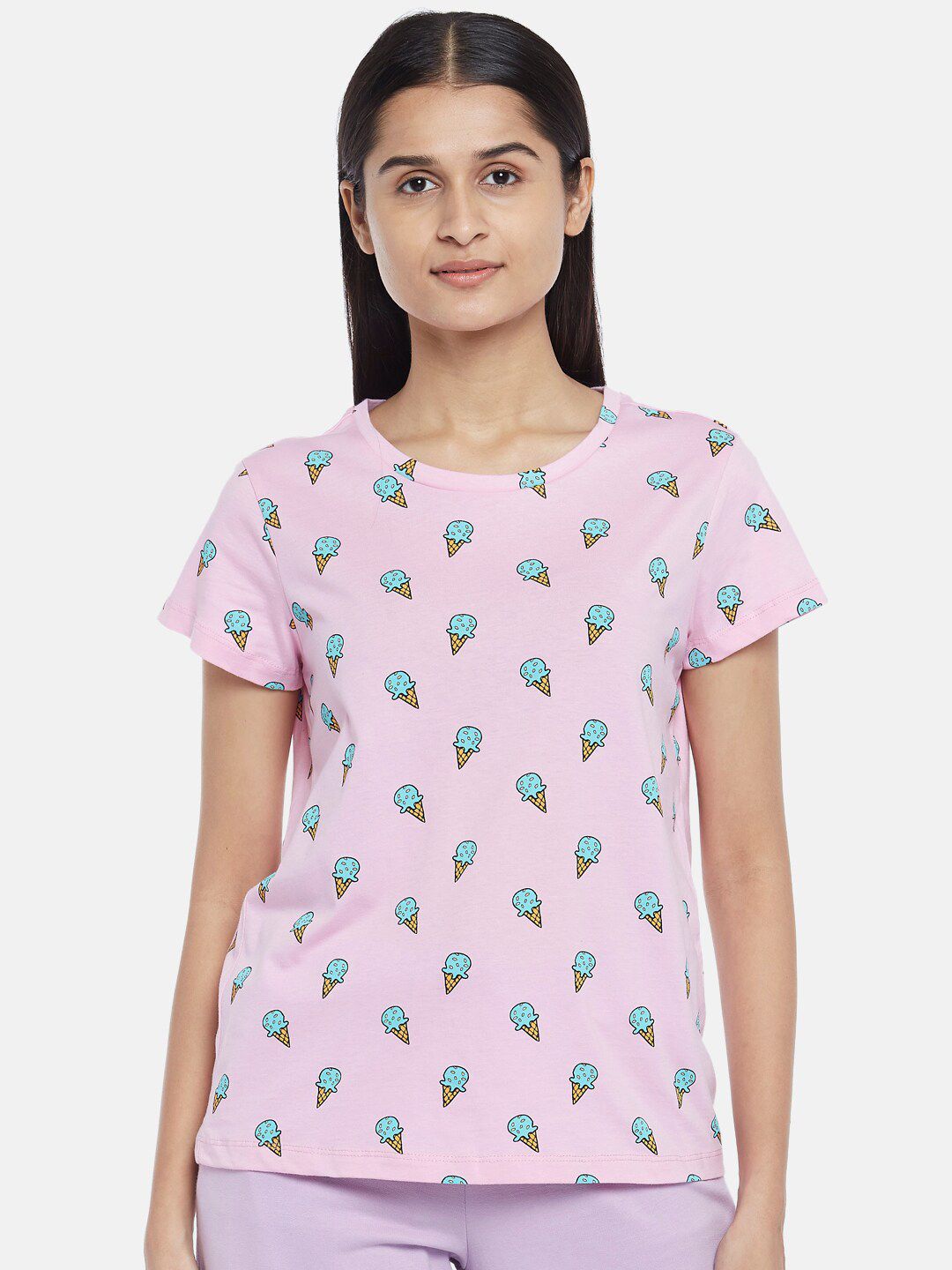 Dreamz by Pantaloons Women Pink & Green Print Pure Cotton Lounge T-shirt Price in India