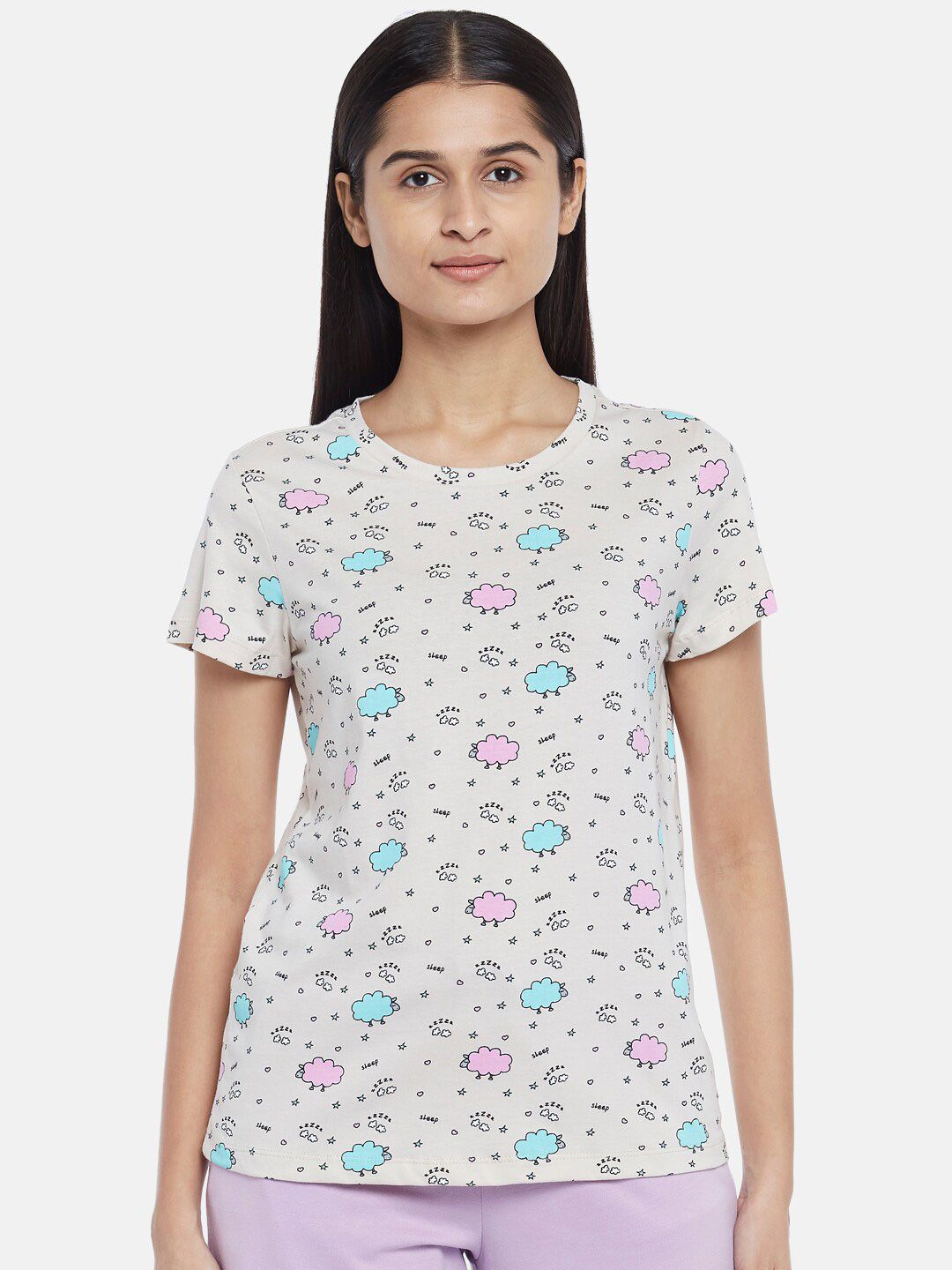 Dreamz by Pantaloons Women Grey & Blue Print Pure Cotton Lounge T-shirt Price in India