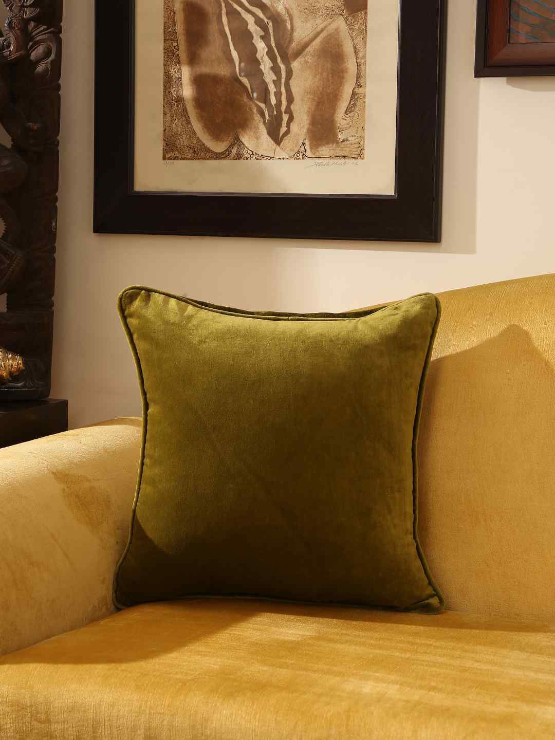 Amoliconcepts Green Square Cotton Velvet Cushion Cover Price in India