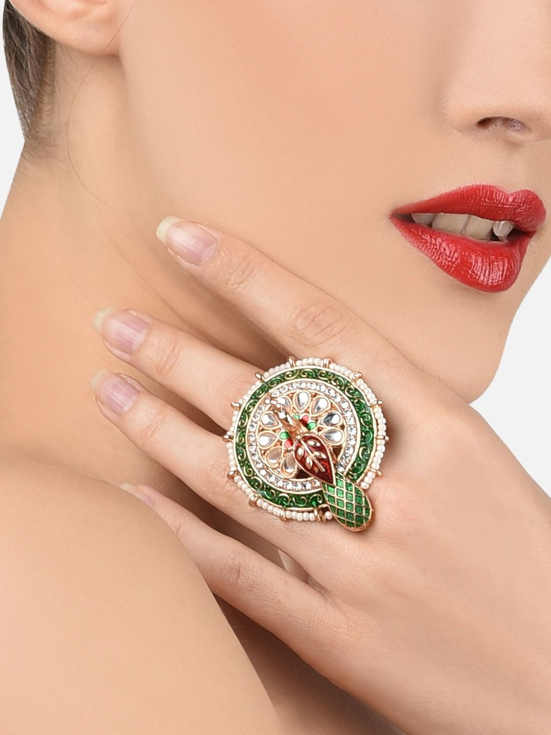 Zaveri Pearls Rose Gold-Plated White & Green Peacock Shaped Finger Ring Price in India