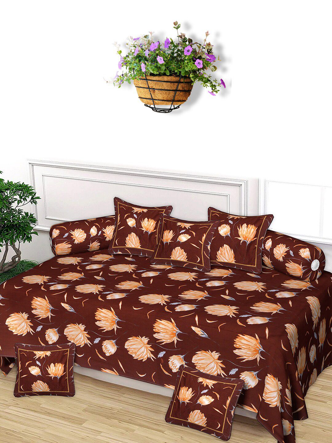 Kuber Industries Set Of 8 Brown & Peach-Coloured Printed Cotton Bedsheet With 2 Bolsters & 5 Cushion Covers Price in India