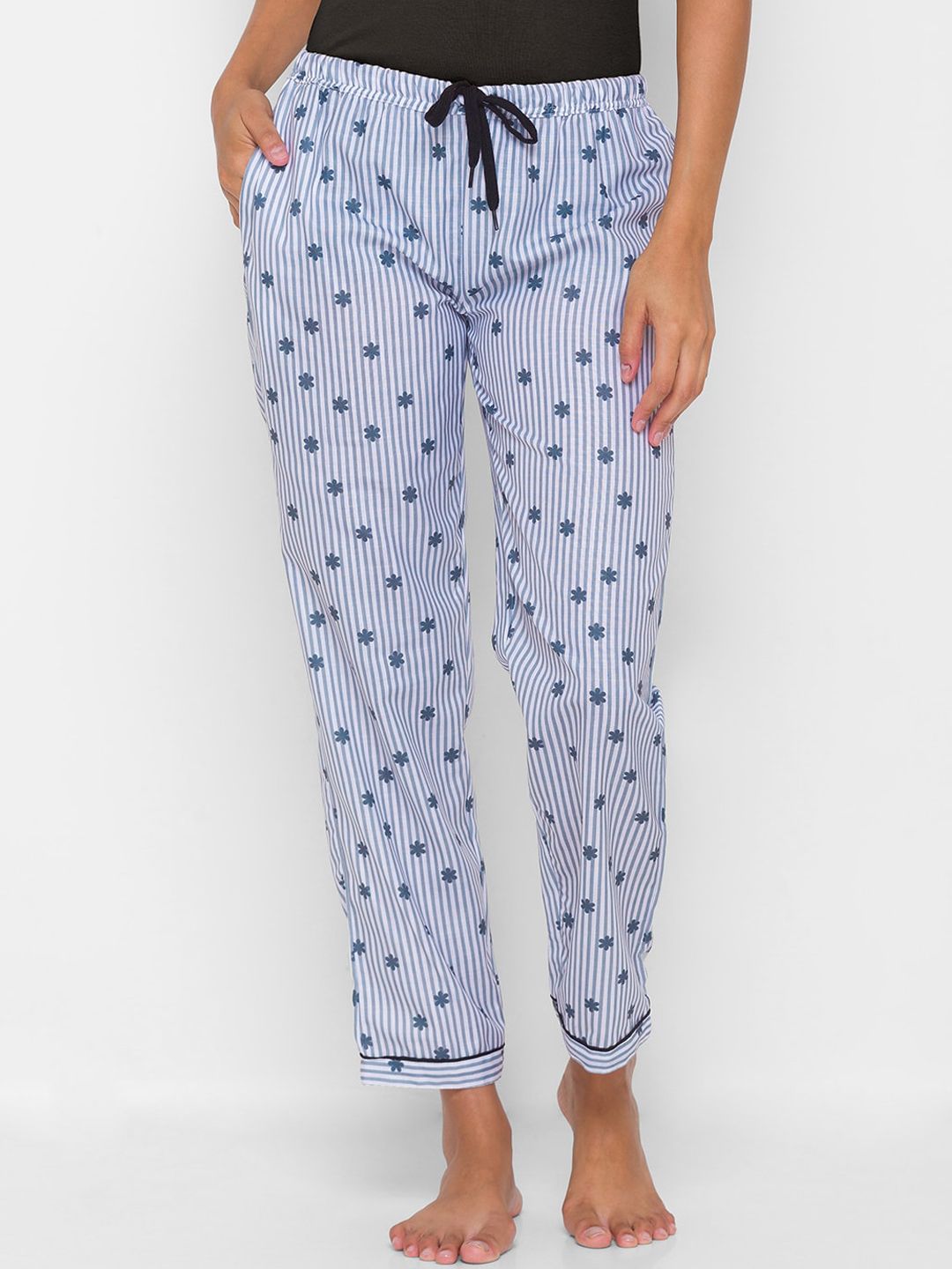 FashionRack Women Blue & White Printed Cotton Lounge Pants Price in India