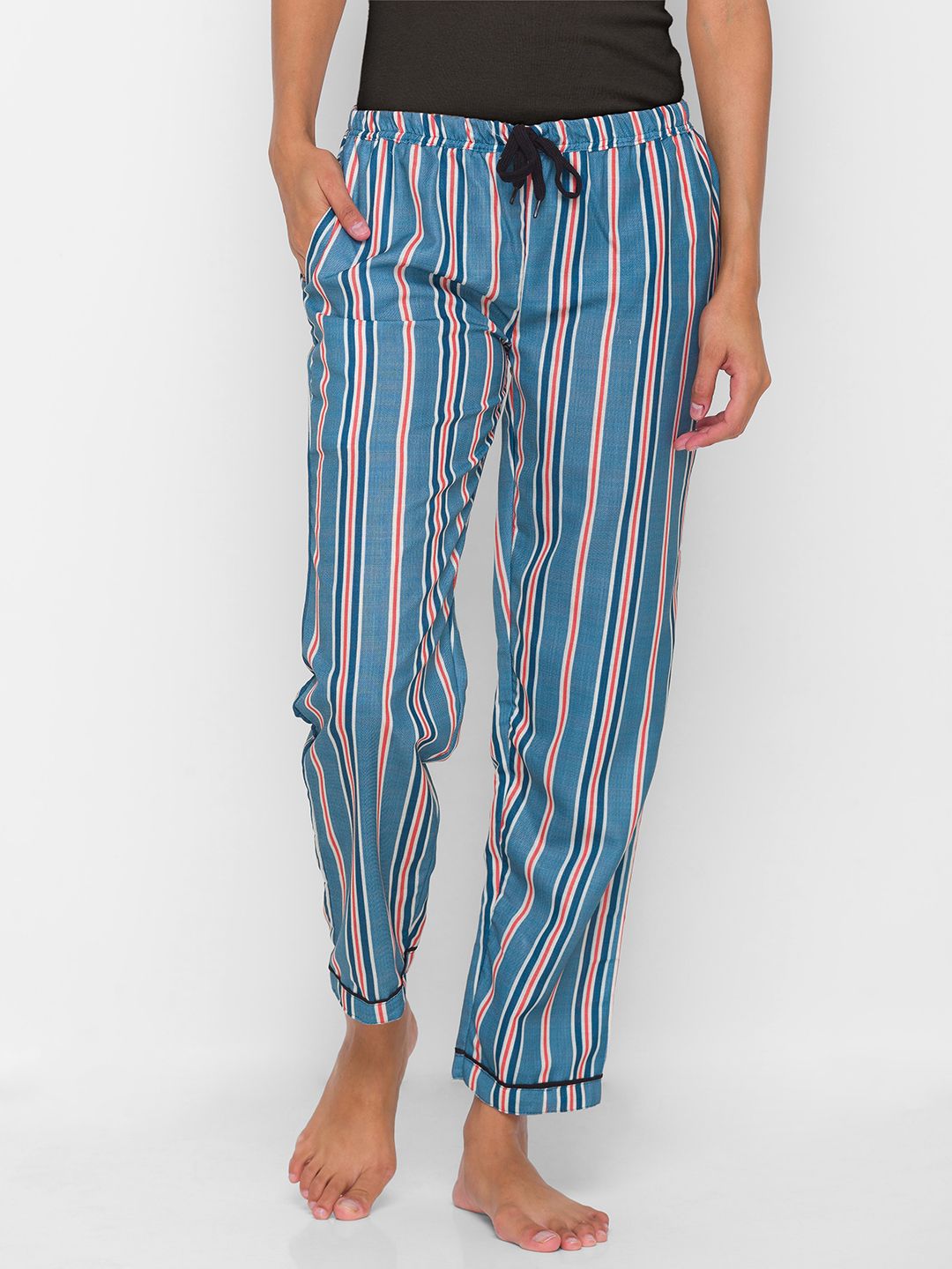 FashionRack Women Blue & Red Striped Cotton Lounge Pants Price in India