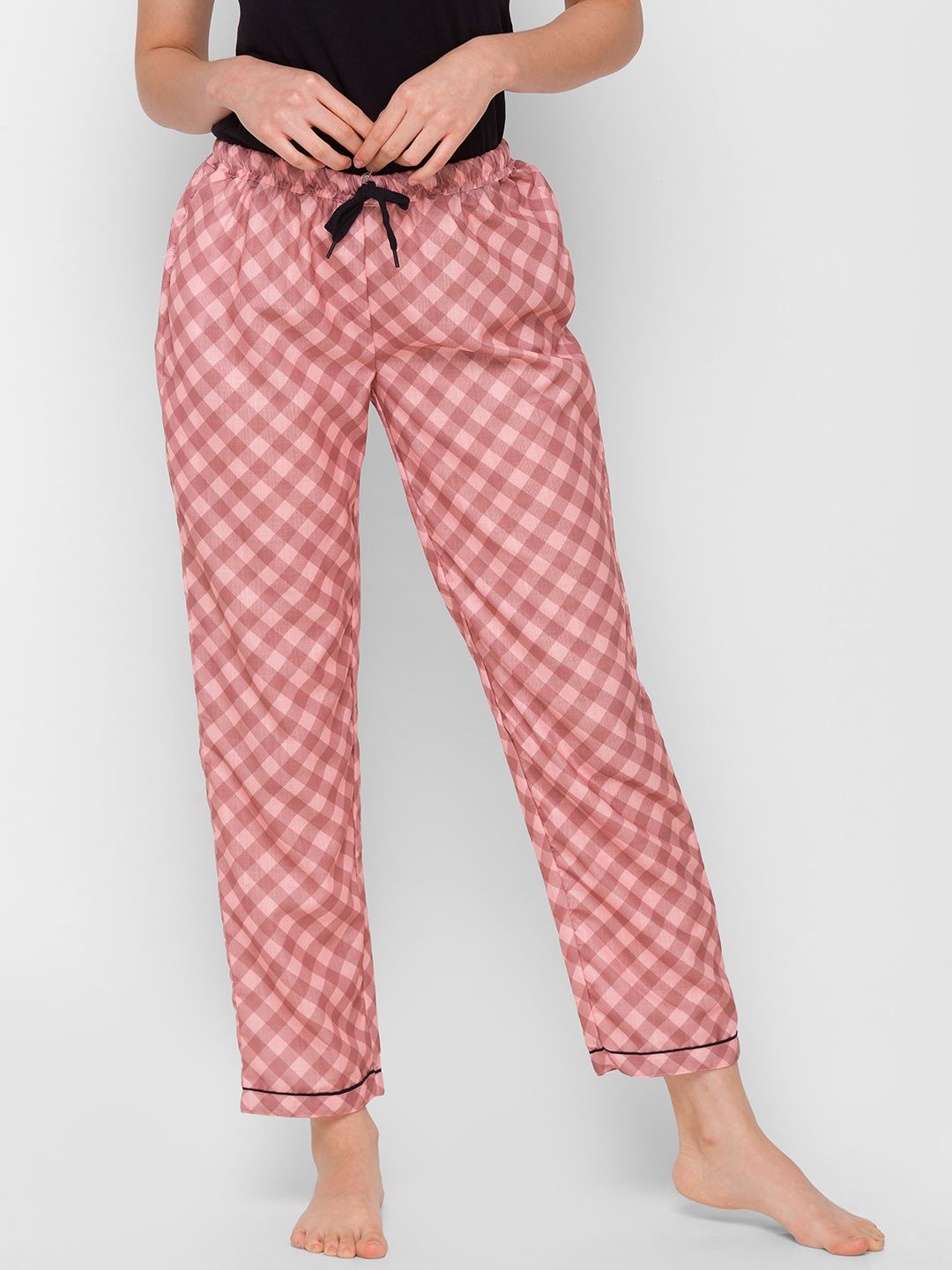 FashionRack Women Brown & Peach-Coloured Checked Cotton Lounge Pants Price in India