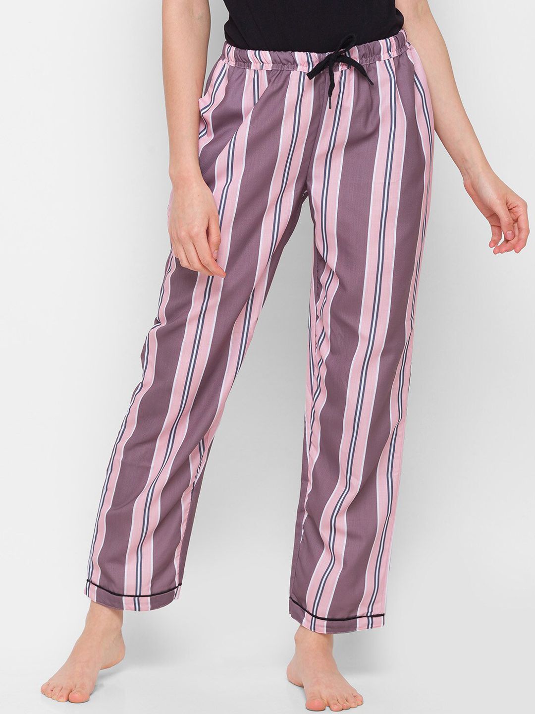 FashionRack Women Pink & Brown Striped Cotton Pyjamas Price in India