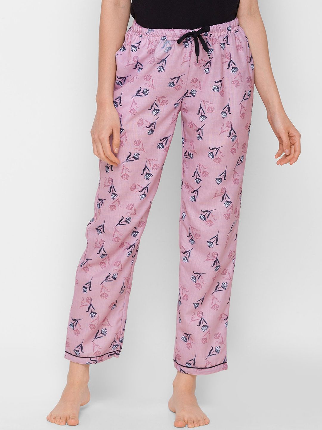 FashionRack Women Pink & Navy Blue Printed Cotton Lounge Pants Price in India