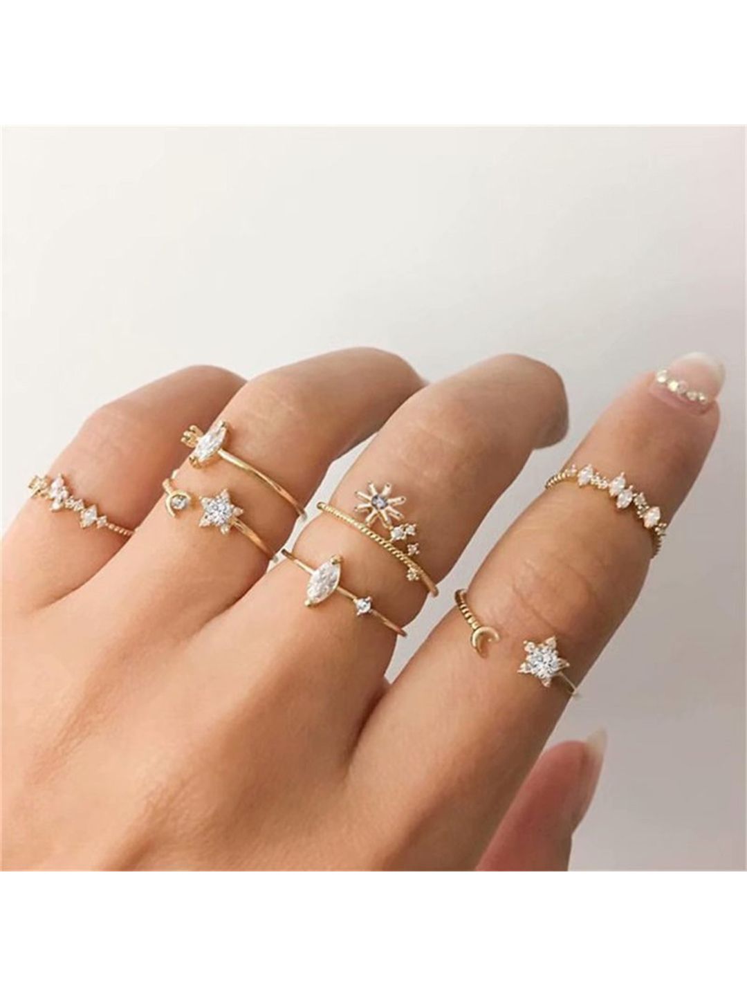 Vembley Set Of 7 Oxidised Gold-Plated & CZ Studded Finger Rings Price in India