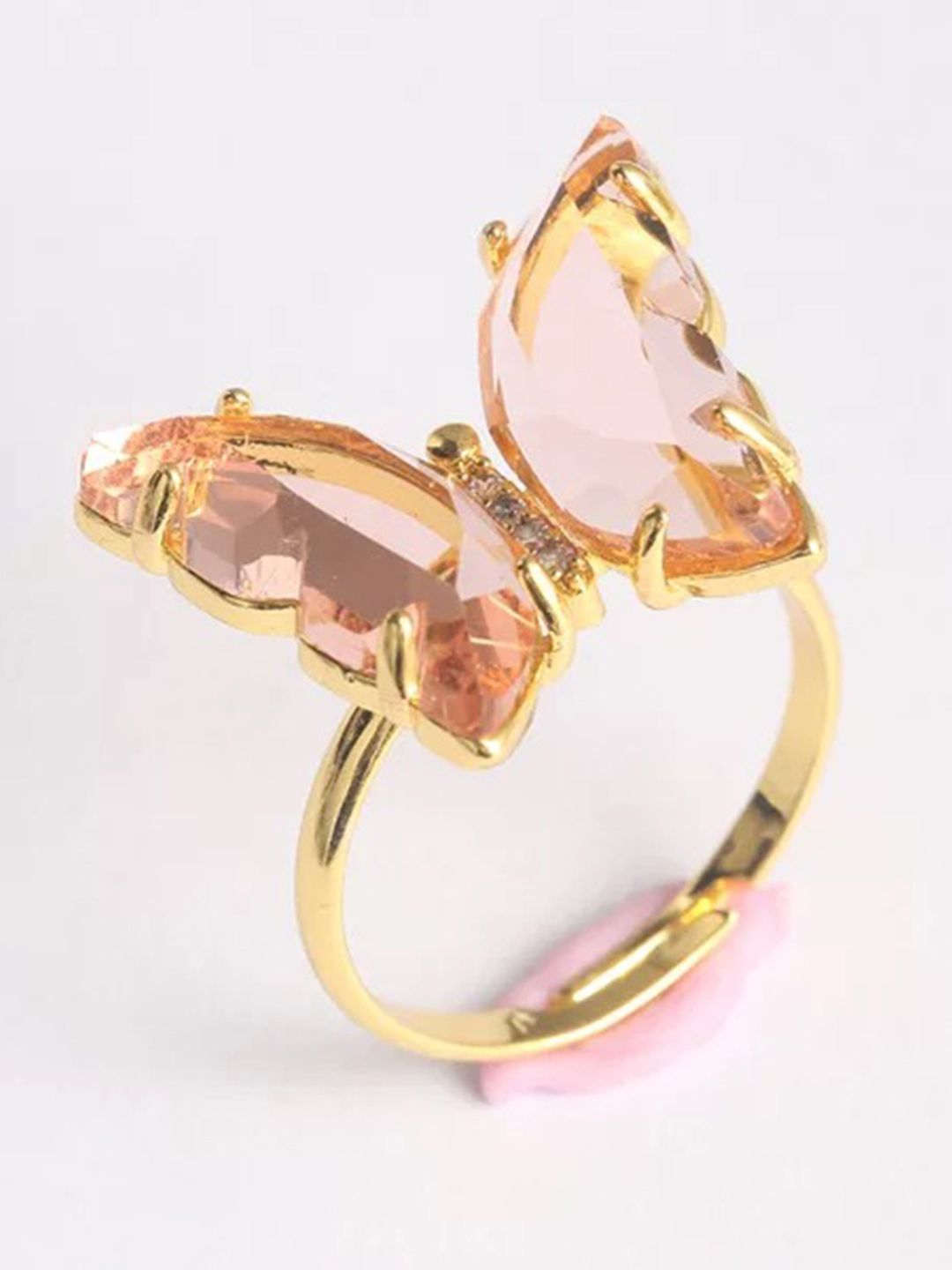 Vembley Women Gold-Plated & Pink Cubic Zirconia Studded Butterfly Finger Ring Price in India