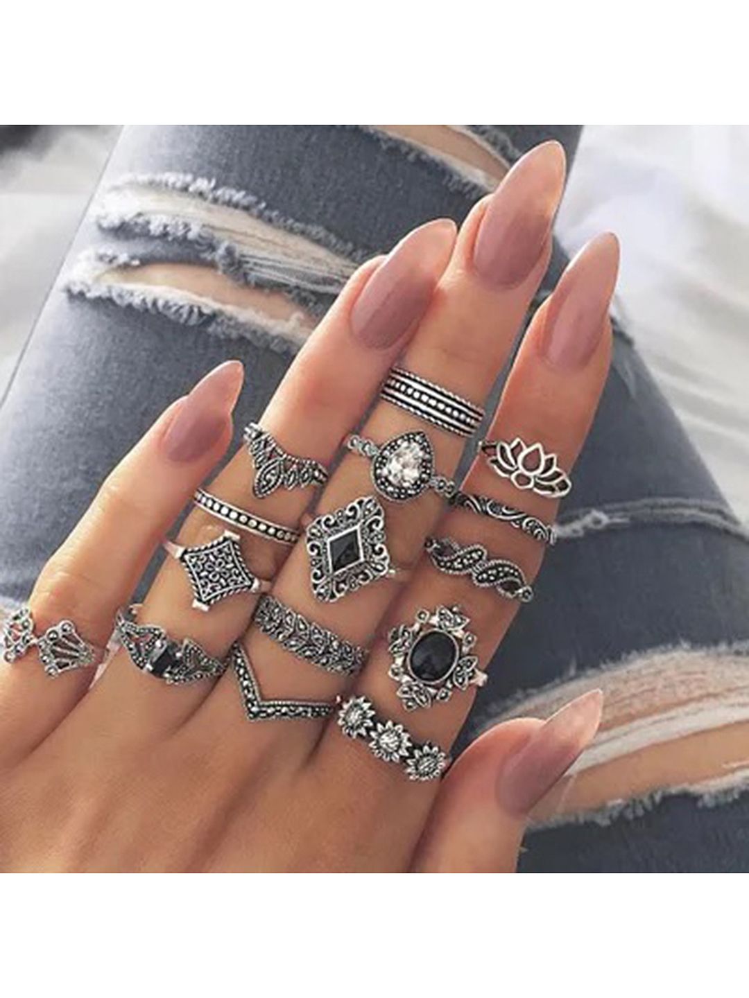 Vembley Set of 15 Oxidised Silver-Plated CZ Studded Multi Designs Finger Rings Price in India