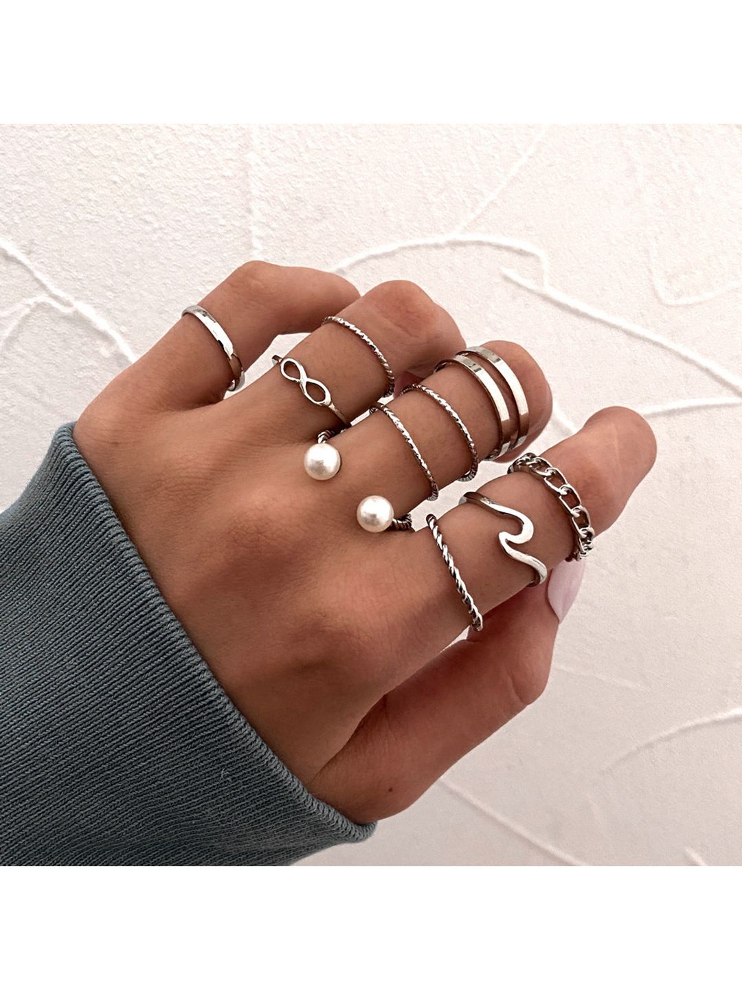 Vembley Set Of 10 Silver-Plated White Pearl-Studded Finger Ring Price in India