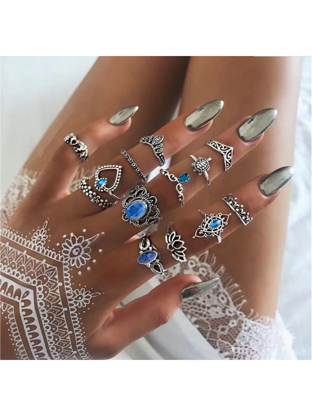 Vembley Set Of 13 Women Oxidised Silver-Plated Blue Cubic Zirconia Studded Finger Rings Price in India