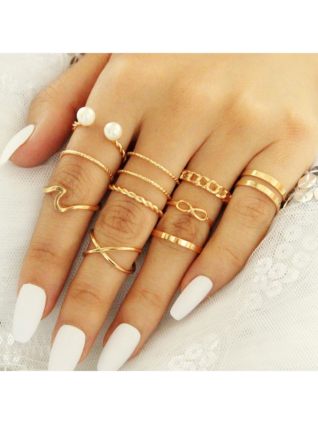 Vembley Set Of 10 Gold-Plated & Pearl Studded Finger Rings Price in India
