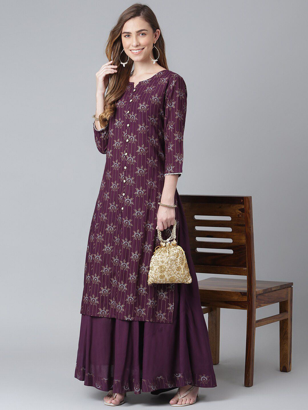 Khushal K Women Purple Ethnic Motifs Printed Kurta with Skirt Price in India