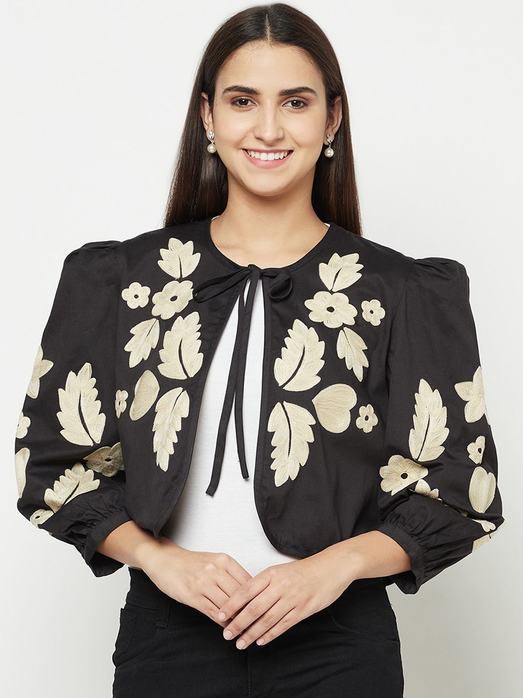 BLANC9 Women Black Crop Open Front Jacket with Embroidered Price in India