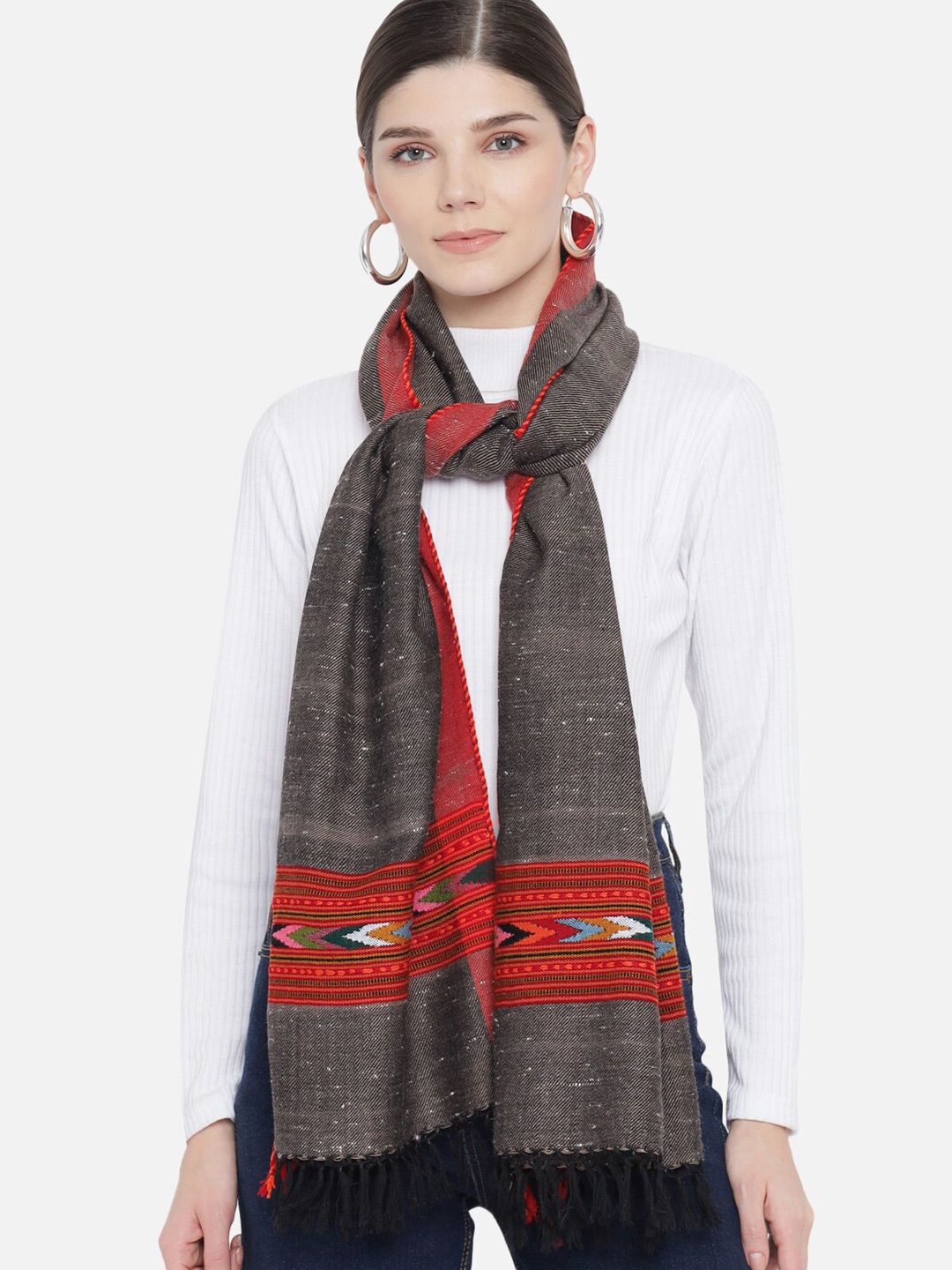 Vastraa Fusion Unisex Brown & Red Woven Design Woollen Stole Price in India