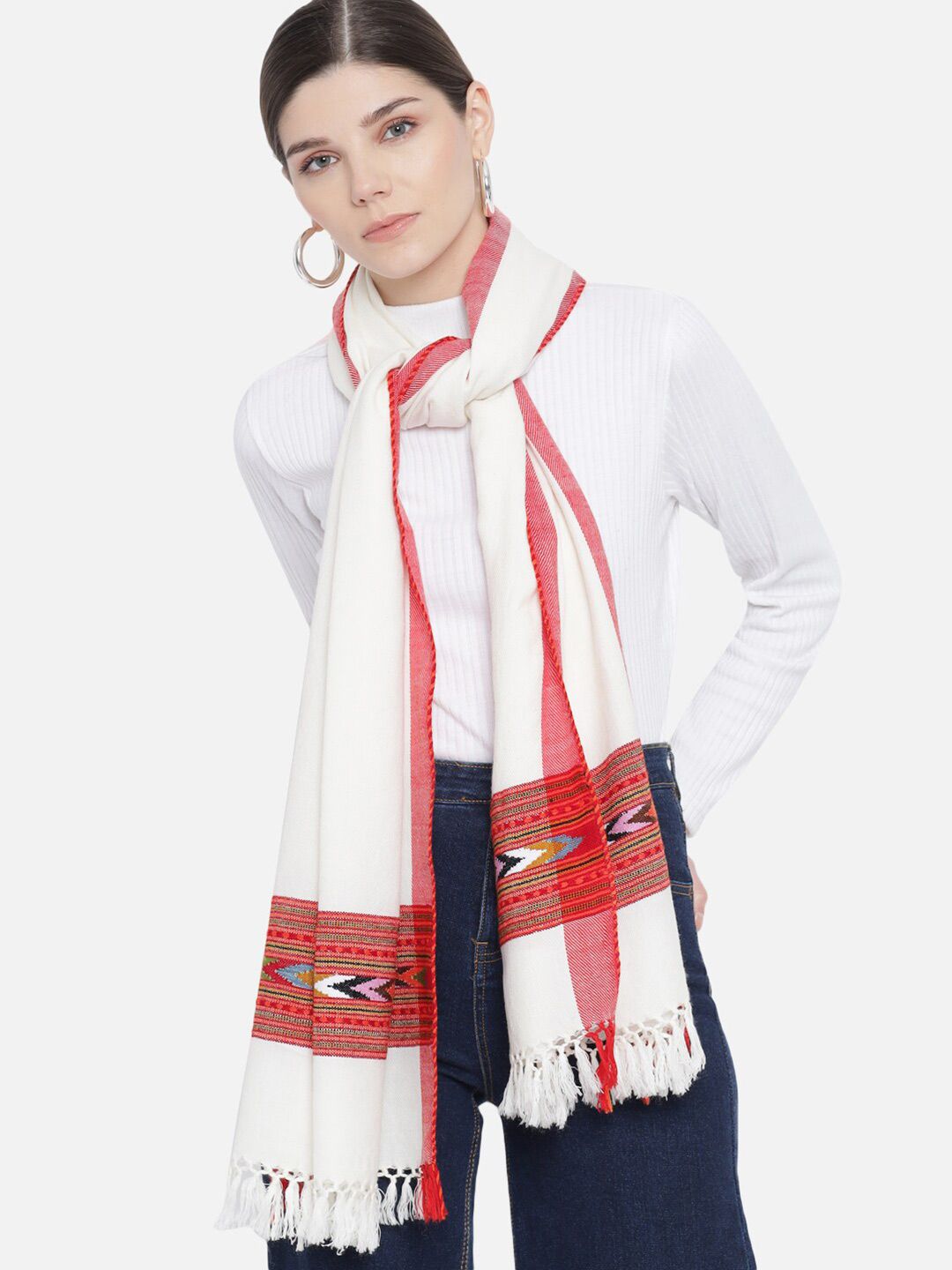 Vastraa Fusion Unisex White & Pink Woven Design Stole Price in India