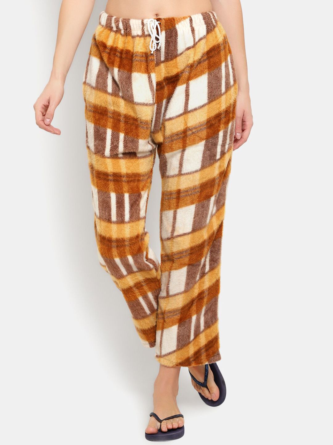 CIERGE Women Yellow & Brown Checked Woollen Lounge Pants Price in India