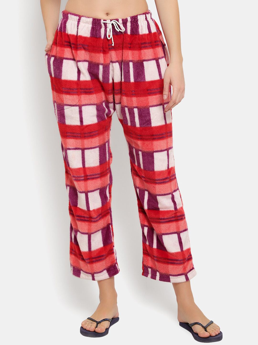 CIERGE Women White & Red Checked Woolen Winter Lounge Pants Price in India