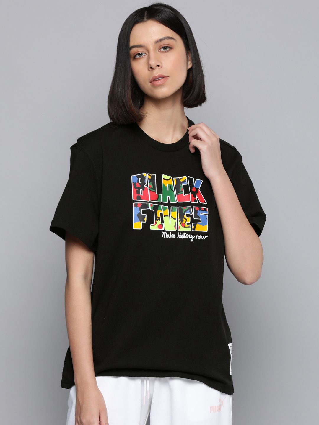 PUMA Hoops Women Black & Yellow Typography Printed Drop-Shoulder Sleeves T-shirt Price in India