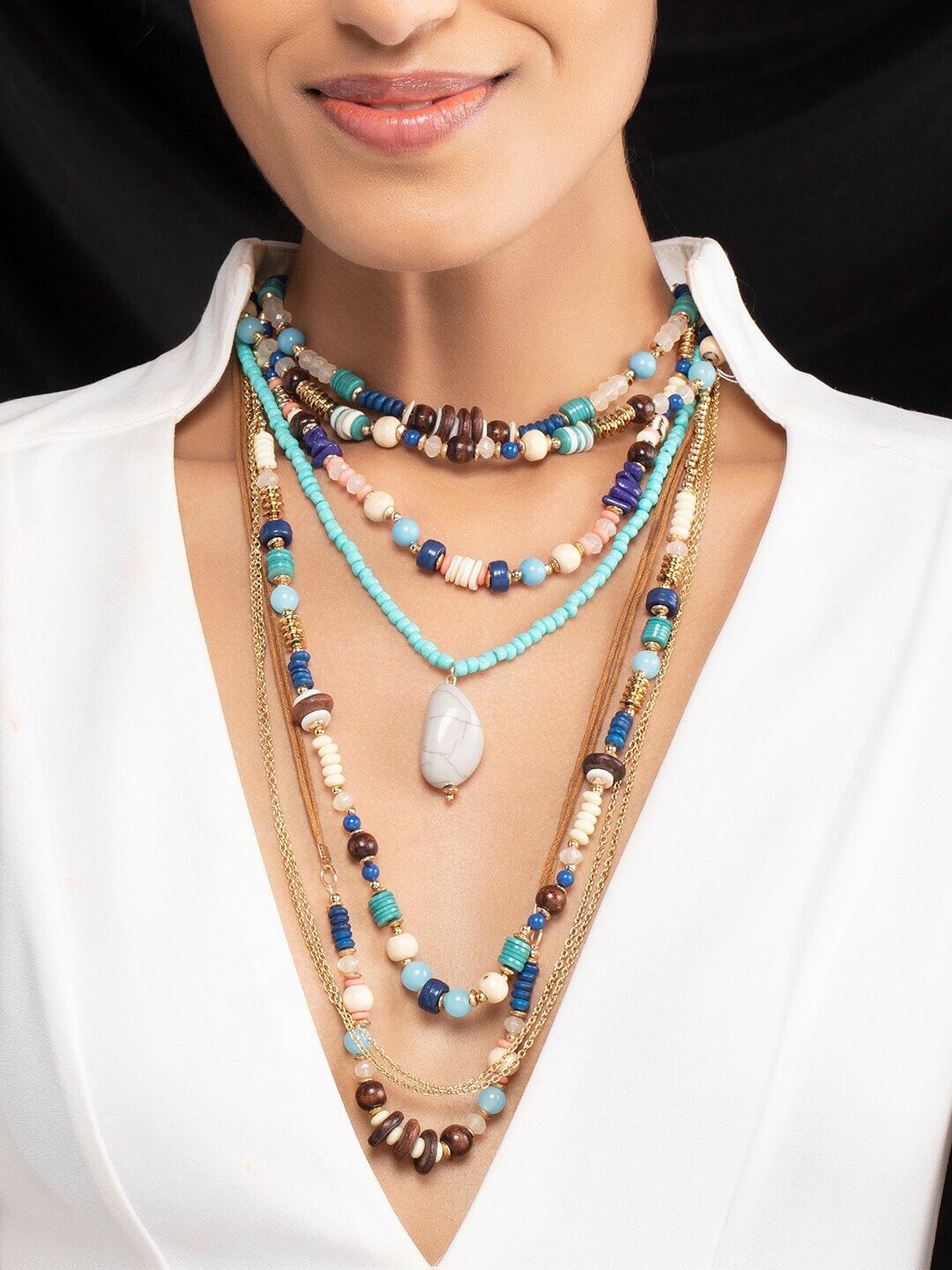 Rubans Voguish Turquoise Blue & Brown Beaded Layered Necklace Price in India
