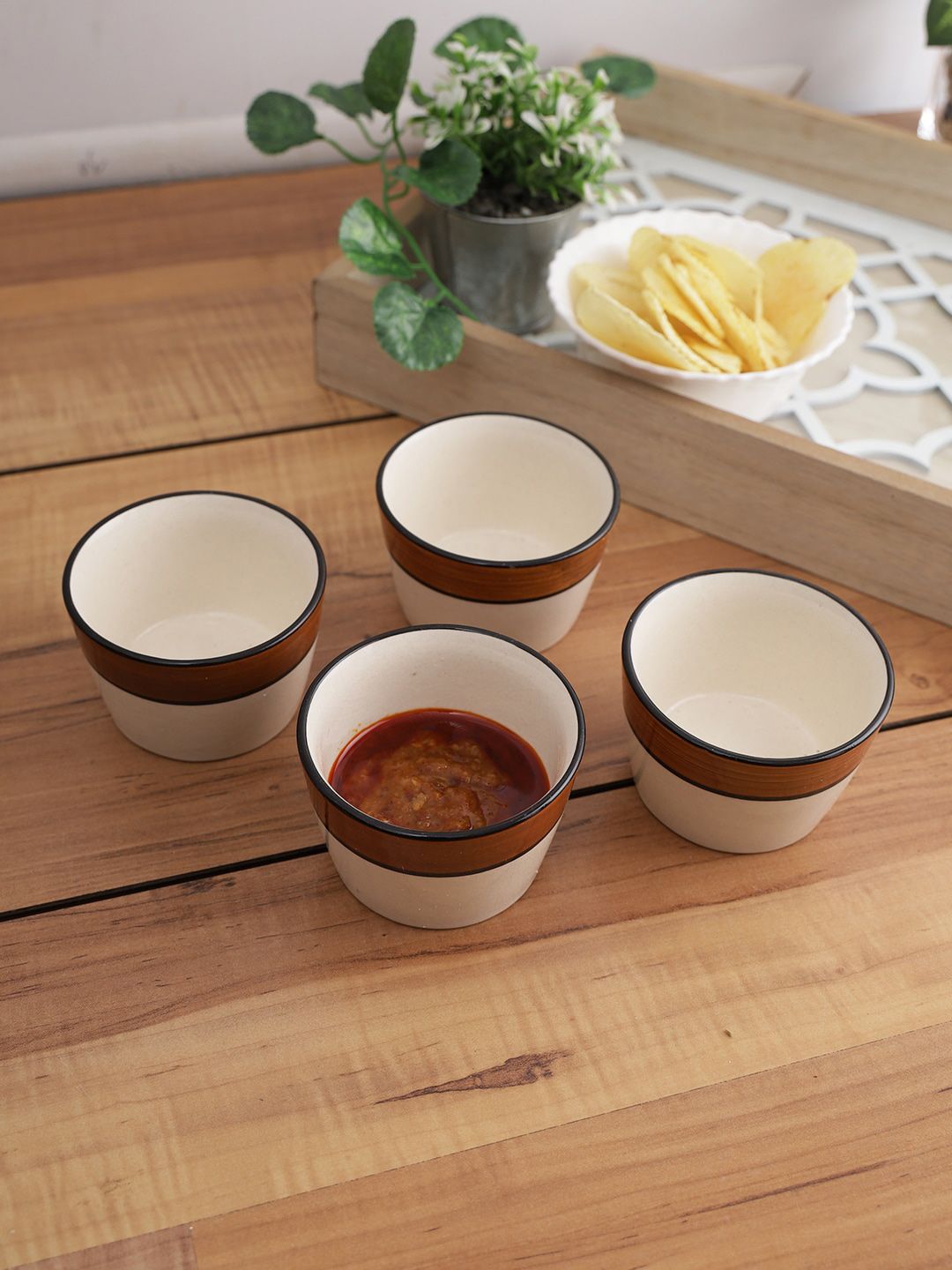 Aapno Rajasthan Set Of 4 White & Brown Serving Dip Bowl Price in India