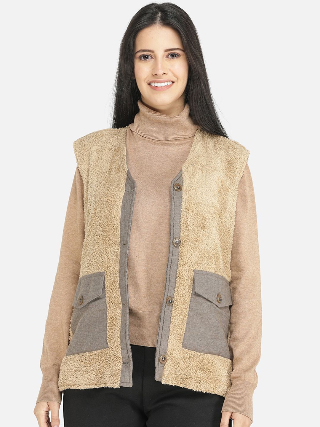 DECHEN Women Beige & Grey Tailored Jacket Price in India