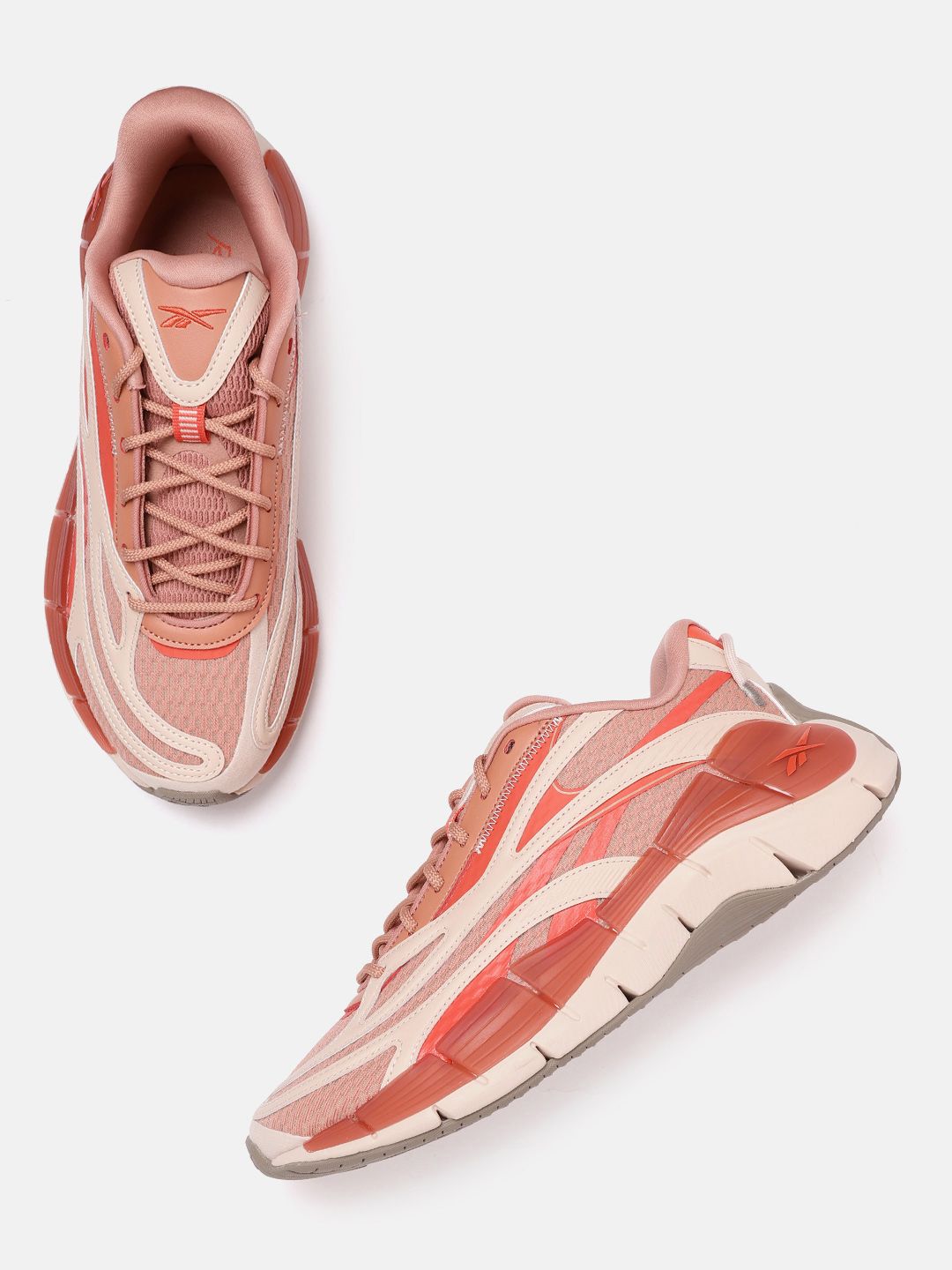 Reebok Women Peach-Coloured & Beige Abstract Woven Design Zig Kinetica 2.5 Running Shoes Price in India