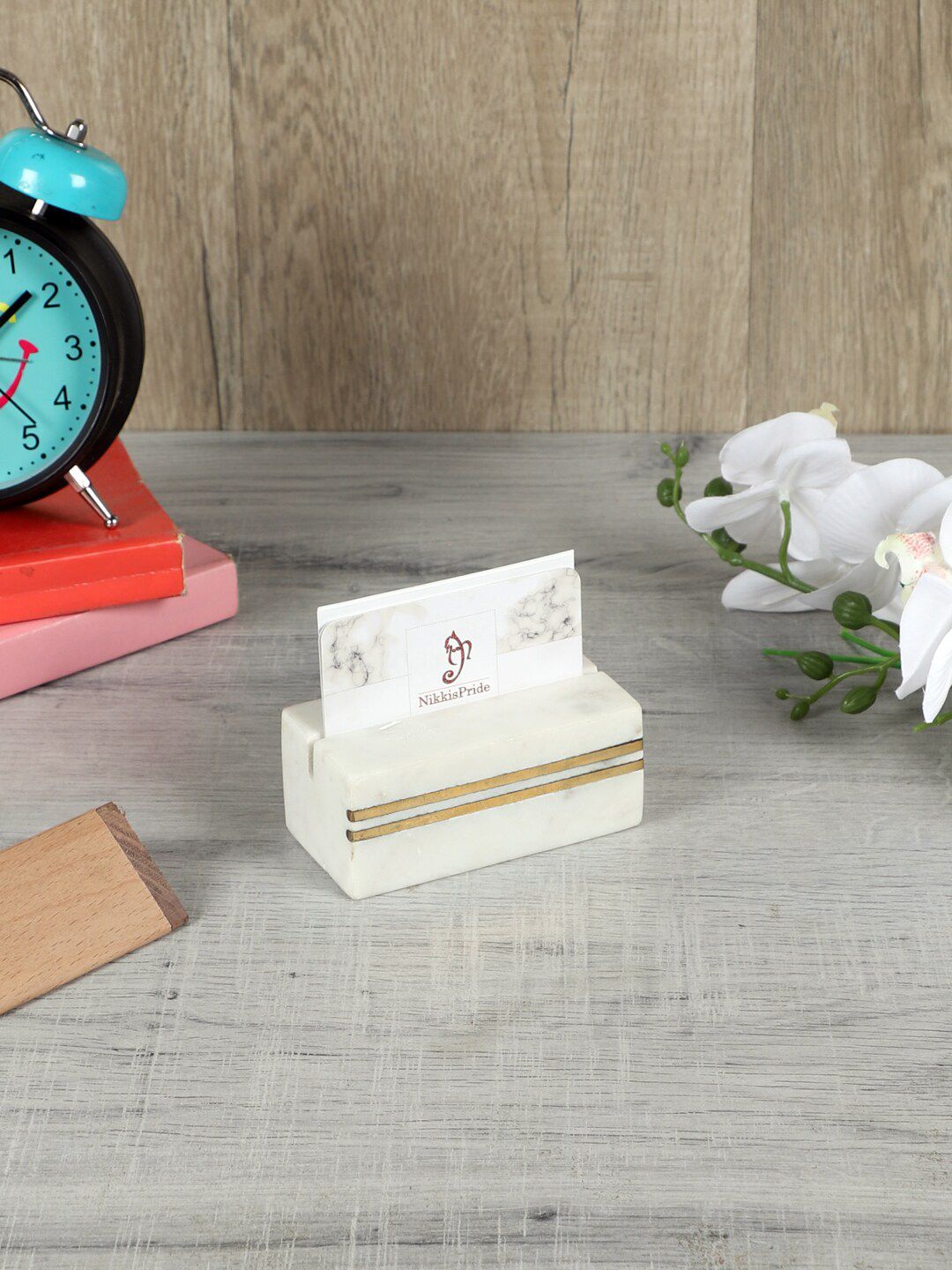 NikkisPride White & Gold-Coloured Marble Card Holder With Brass Inlay Work Price in India