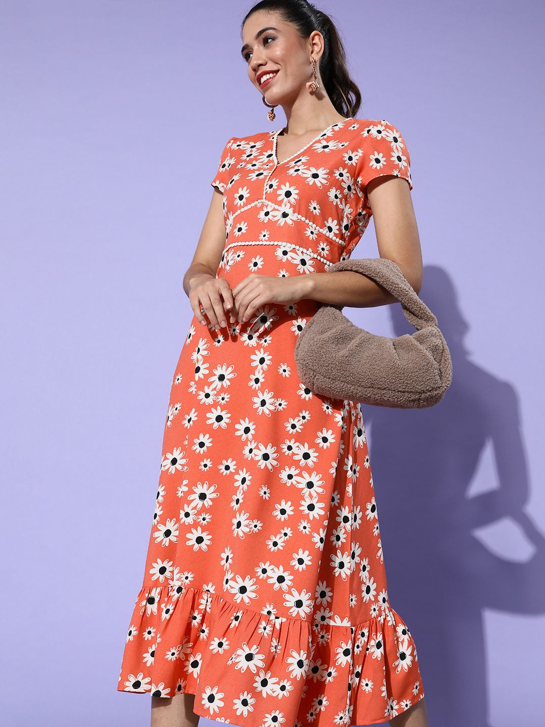 DressBerry Women Bright Orange Floral Vacay Attire Dress Price in India