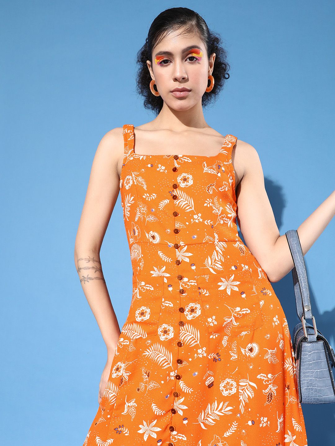 DressBerry Women Bright Orange Floral Sun Dress Price in India