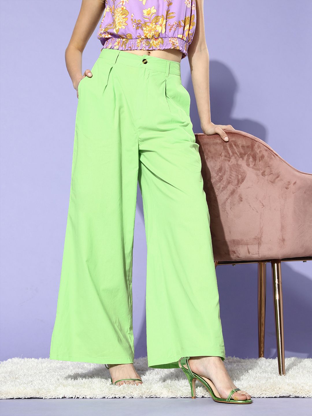 DressBerry Women Gorgeous Green Solid Pleated Form Trousers Price in India