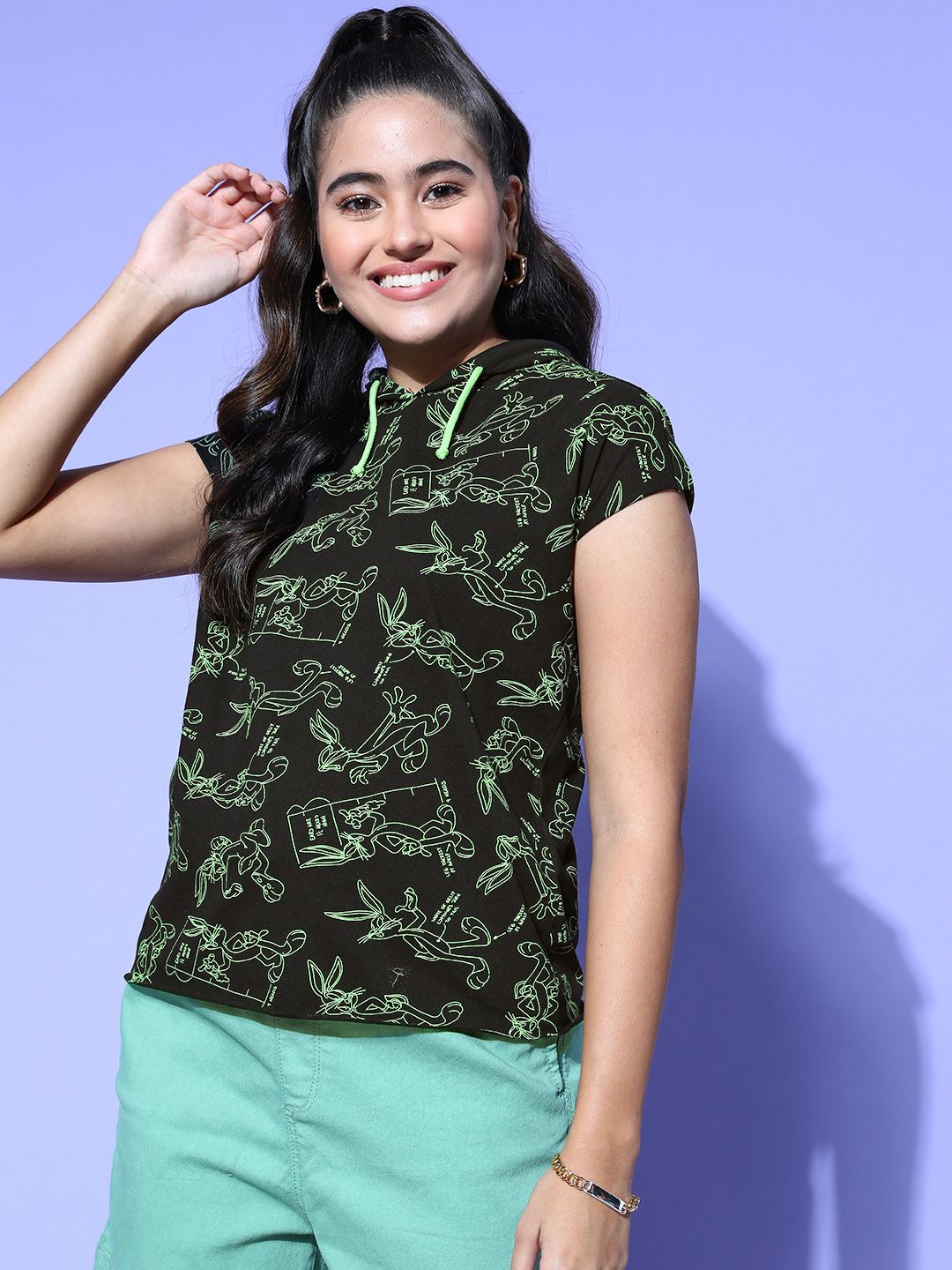 Looney Tunes by Dressberry Women Back & Green Printed Pure Cotton Lounge T-shirt Price in India