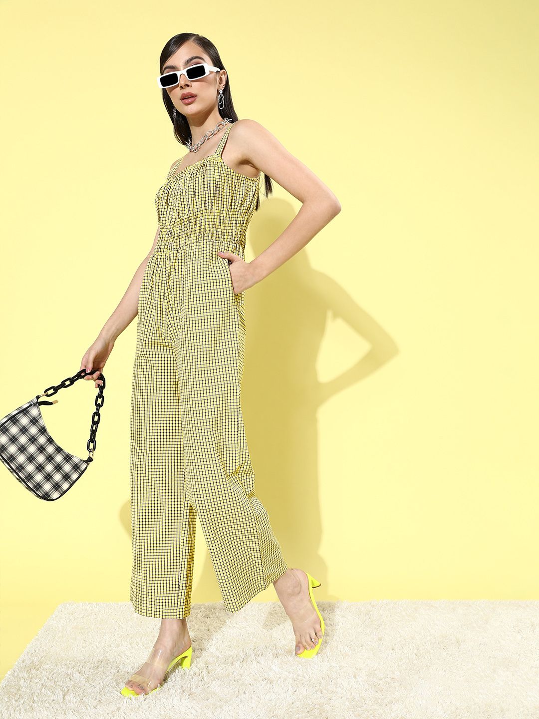 DressBerry Women Bright Yellow Checked Cinched Waist Jumpsuit Price in India