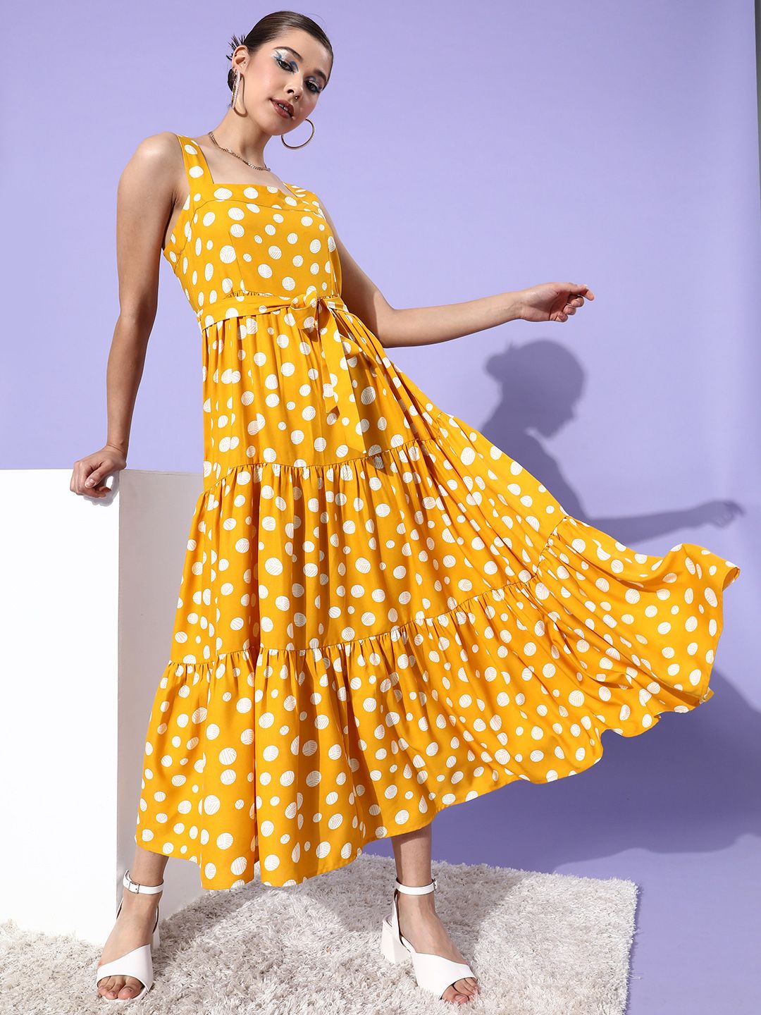 DressBerry Women Stylish Mustard Polka-Dotted Sun Dress Price in India