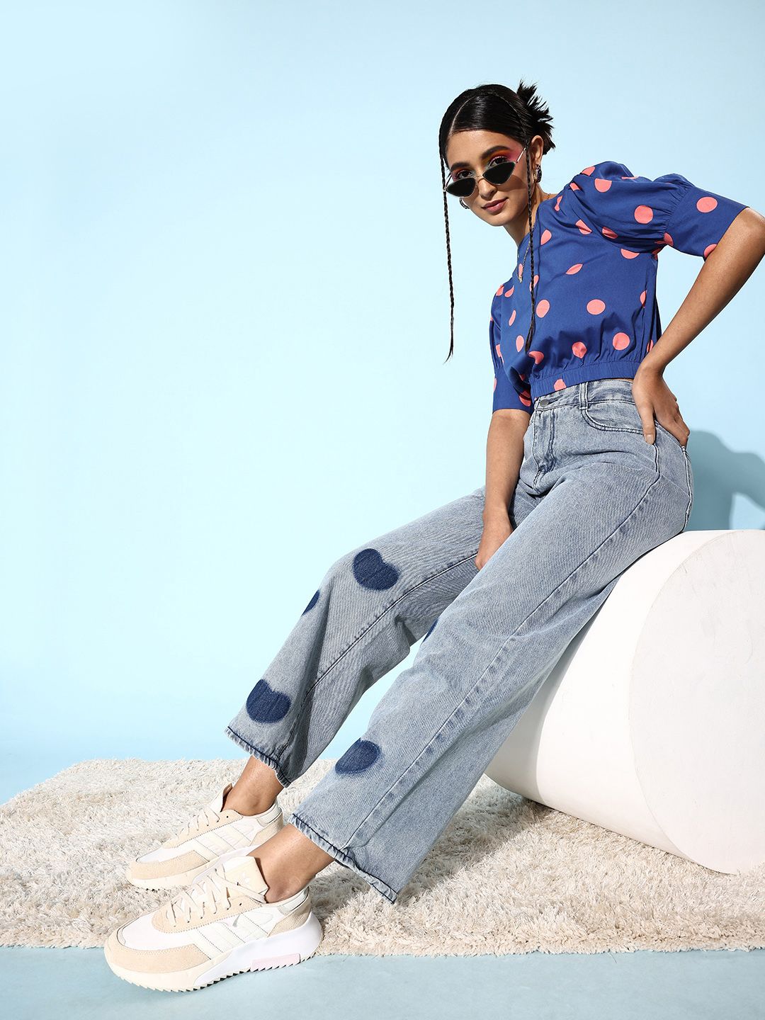 DressBerry Women Stunning Blue Polka-Dotted Volume Play Top