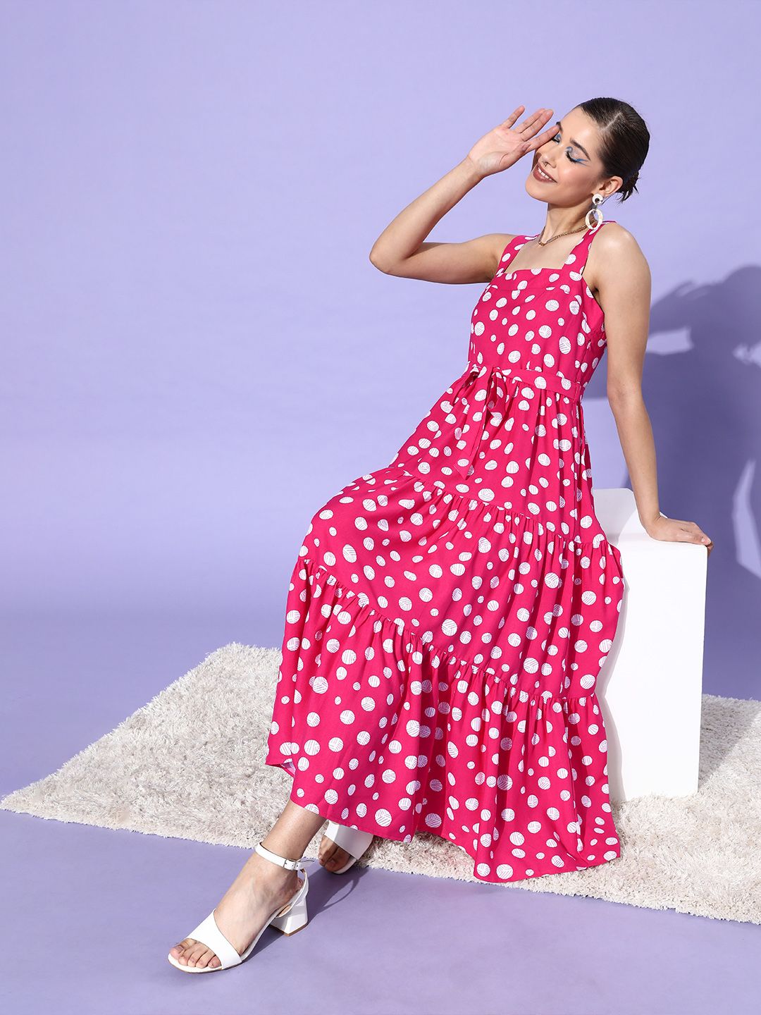 DressBerry Women Bright Fuchsia Polka-Dotted Sun Dress Price in India