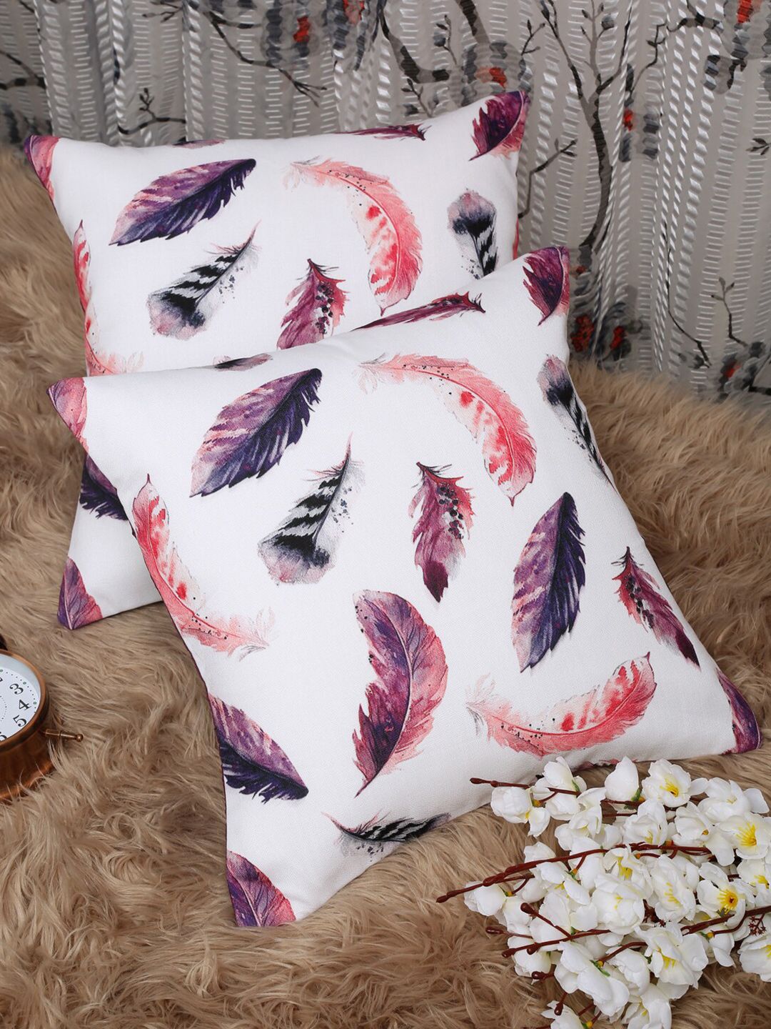 HOSTA HOMES White & Burgundy Set of 2 Floral Cotton Square Cushion Covers Price in India