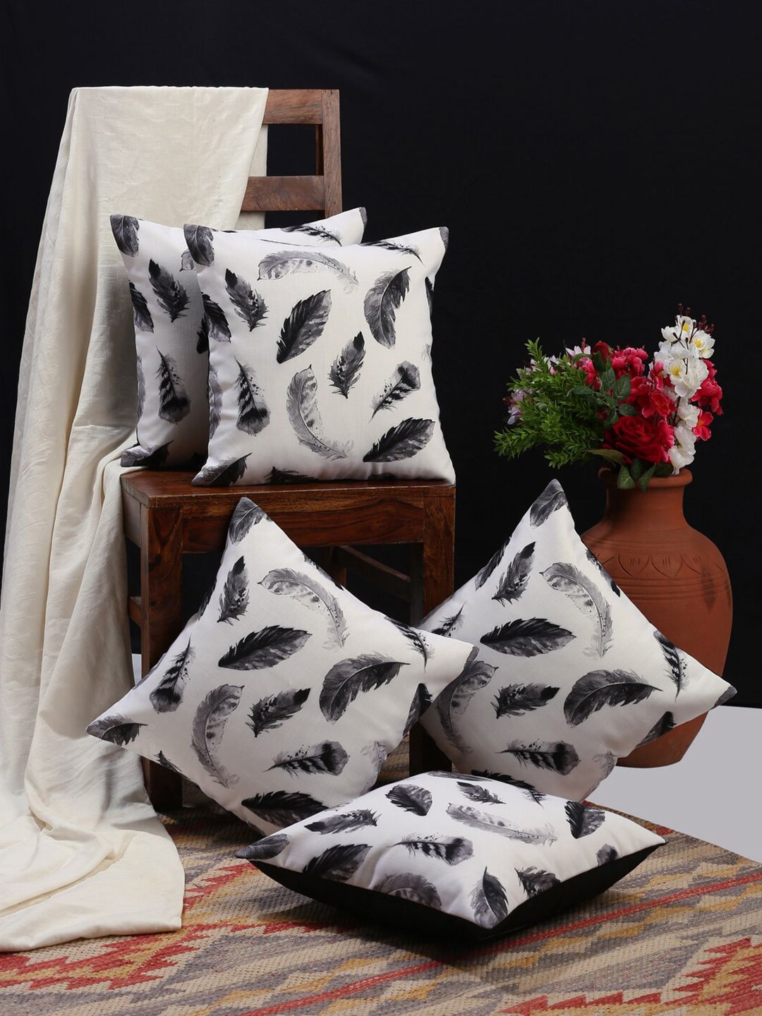 HOSTA HOMES Black & White Set of 5 Cotton Quirky Square Cushion Covers Price in India