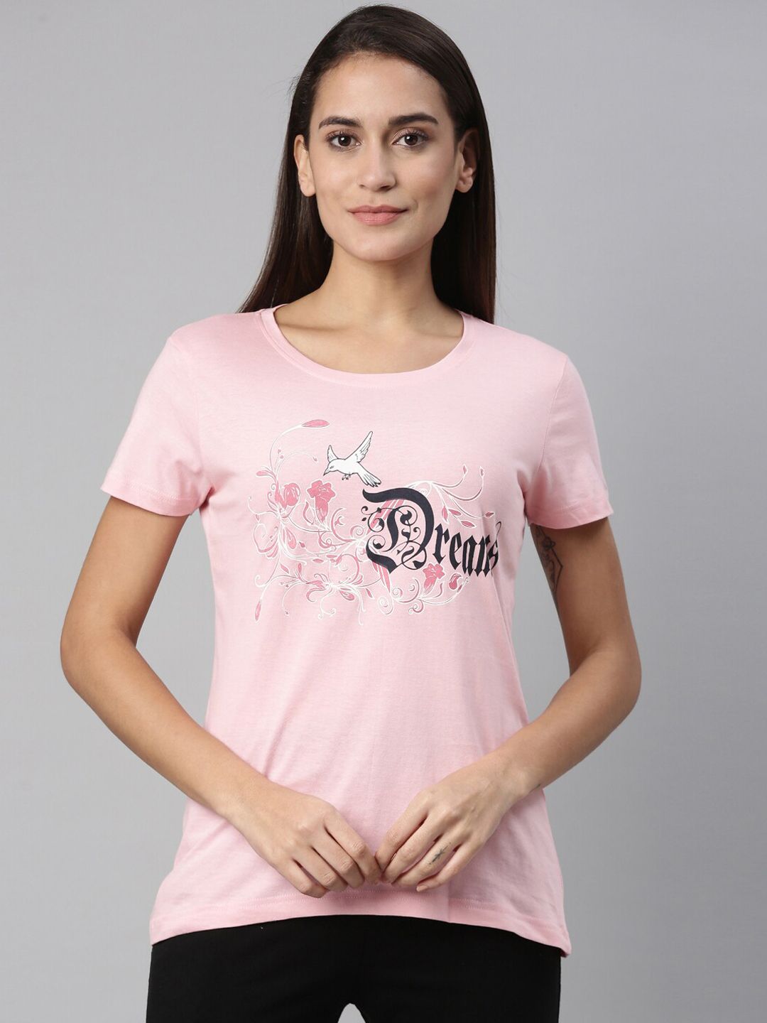 Kryptic Women Pink & Black Printed Pure Cotton Lounge T-shirt Price in India