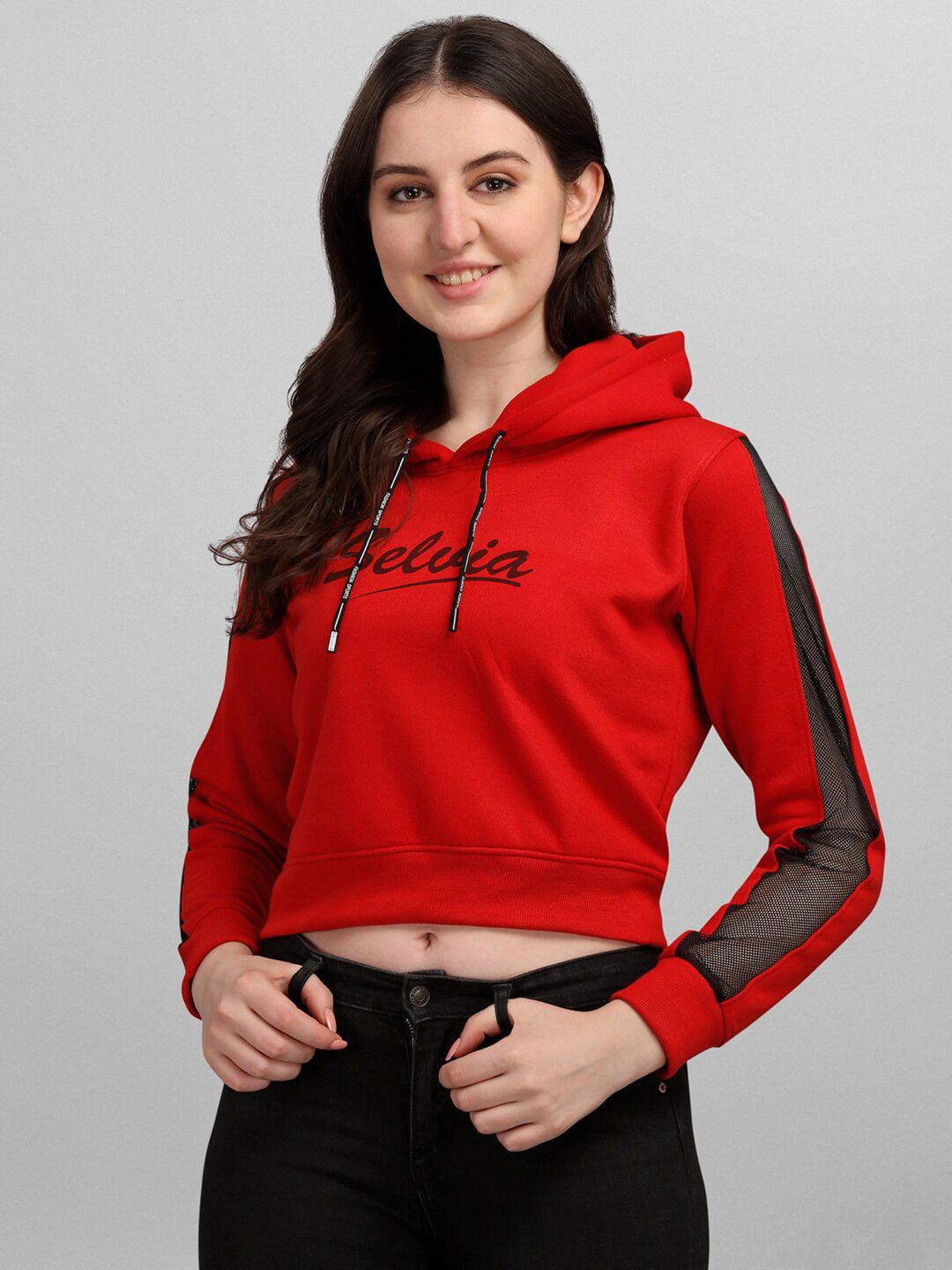 Selvia Women Red & Black Brand Logo Printed Hooded Sweatshirt Price in India