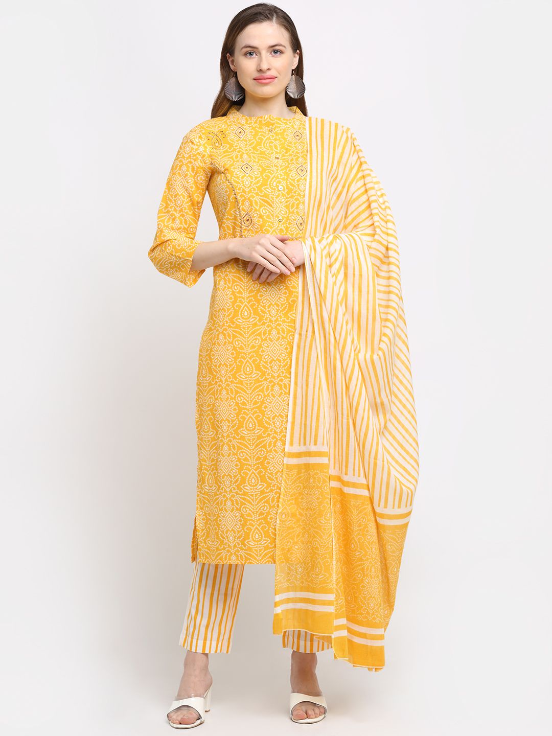 KALINI Women Yellow Bandhani Printed Pure Cotton Kurta with Trousers & With Dupatta Price in India