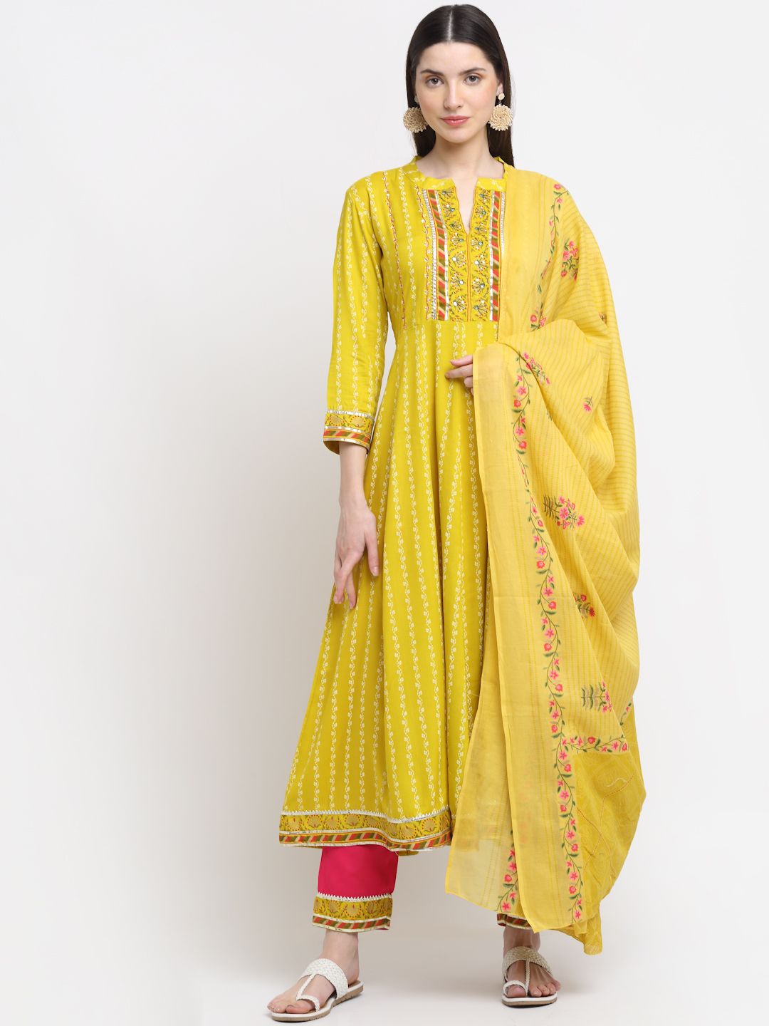 KALINI Women Mustard Yellow Floral Printed Kurta with Trousers & Dupatta Price in India