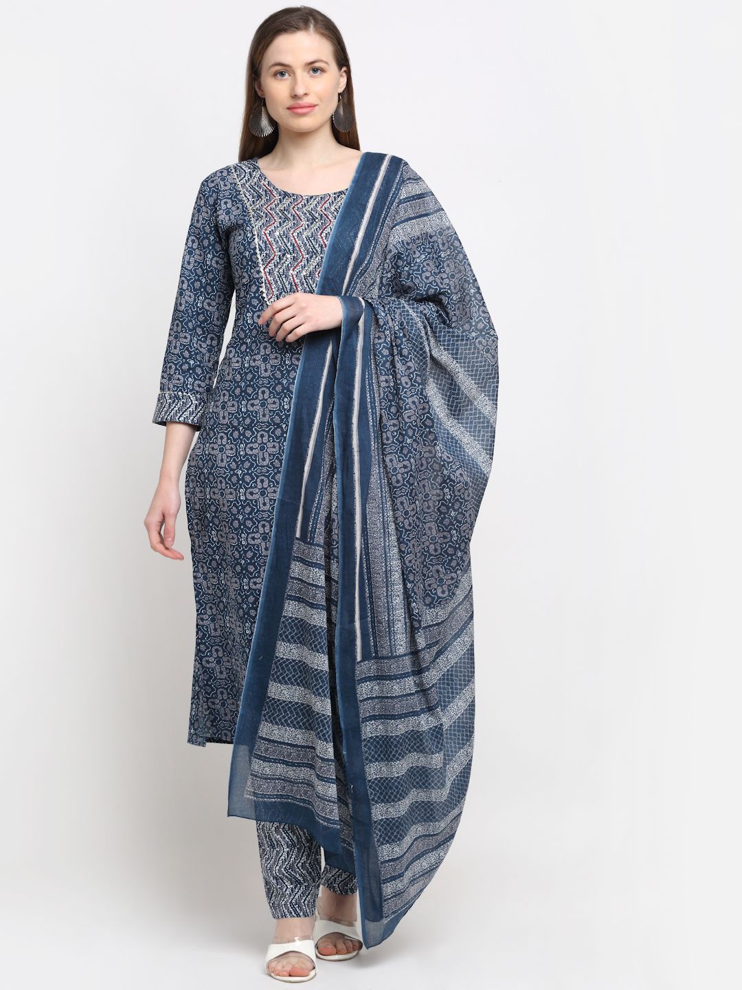 KALINI Women Blue Ethnic Motifs Printed Pure Cotton Kurta with Trousers & With Dupatta Price in India