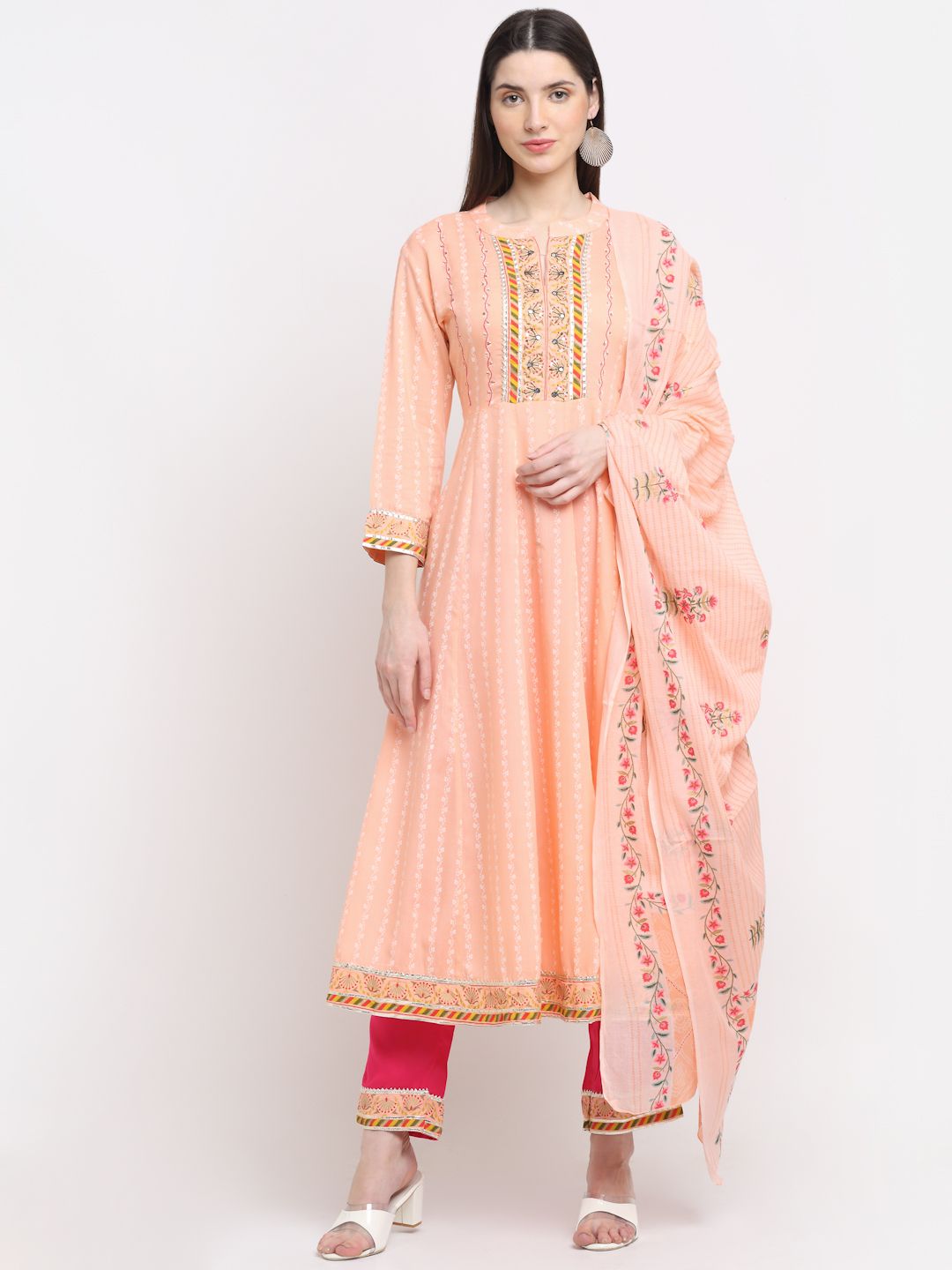 KALINI Women Peach-Coloured Floral Embroidered Kurta with Trousers & With Dupatta Price in India